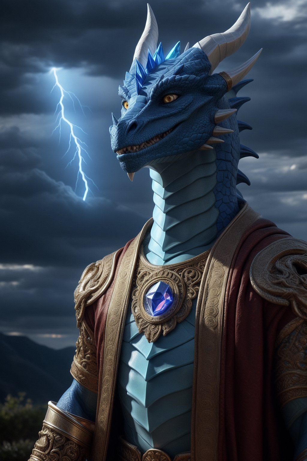 A blue dragonborne, anthro, (dragon), male, blue body, blue torso, shiny, yellow eyes, (full body), full length, wearing an ornate black robe with a decorative orange cloak on top, wearing ornate leather bracers with a star sapphire, weilder of magic, detailed face, detailed eyes, (1 tail), (glowing LED:1.1), holding a blue magic crystal with lightning energy emanating from it, outdoors, extremely detailed CG unity 8k wallpaper, realistic, masterpiece, highest quality, lens flare, unreal engine, trending on ArtStation, Intricate, High Detail, dramatic, realism, beautiful and detailed lighting, shadows, thunder, (photorealism, photo, real, realism), photorealistic, (fantasy)