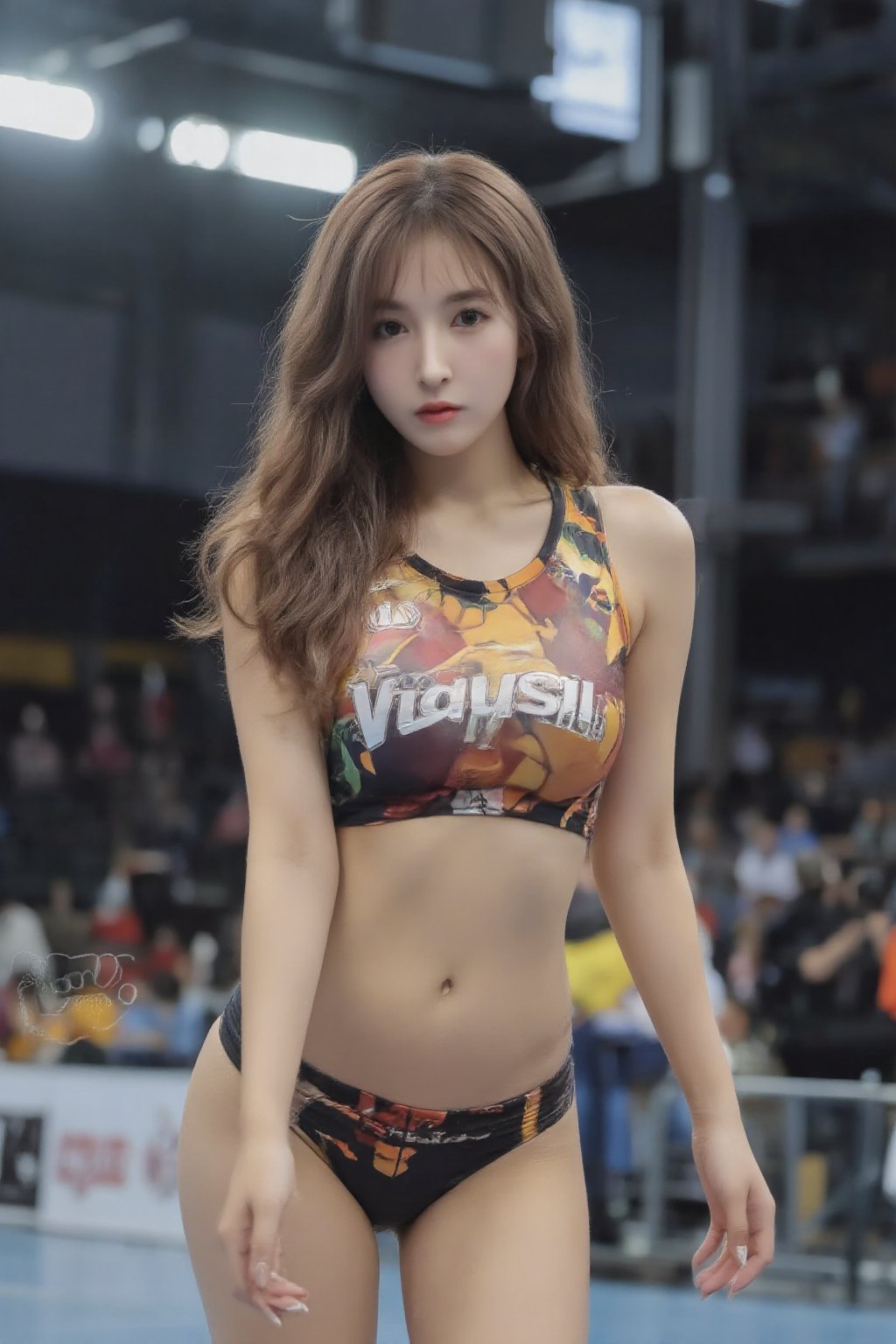 a beautiful 25 years old Asian women playing volleyball in court, she wears sexy volleyball uniform, playing, ass, sexy ass, unifrom till her upper thigh, armpit, gigantic breasts,background is a mega indoor sports stadiums, blurred background ,full shot.

300 DPI, HD, 8K, Best Perspective, Best Lighting, Best Composition, Good Posture, High Resolution, High Quality, 4K Render, Highly Denoised, Clear distinction between object and body parts, Masterpiece, Beautiful face, 
Beautiful body, gigantic breasts, brown long curly hair with bun, big eyes,smooth skin, simple, view to the camera,glistening skin, highly detailed background, highly detailed clothes, 
highly detailed face, beautiful eyes, beautiful lips, cute, beautiful scenery, gorgeous, beautiful clothes, best lighting, cinematic , great colors, great lighting, masterpiece, Good body posture, proper posture, correct hands, 
correct fingers, right number of fingers, clear image, face expression should be good, clear face expression, correct face , correct face expression, better hand position, unrealistic hand position,  no volleyball in the image, great lighting with high contrast.

,volleyball uniform,