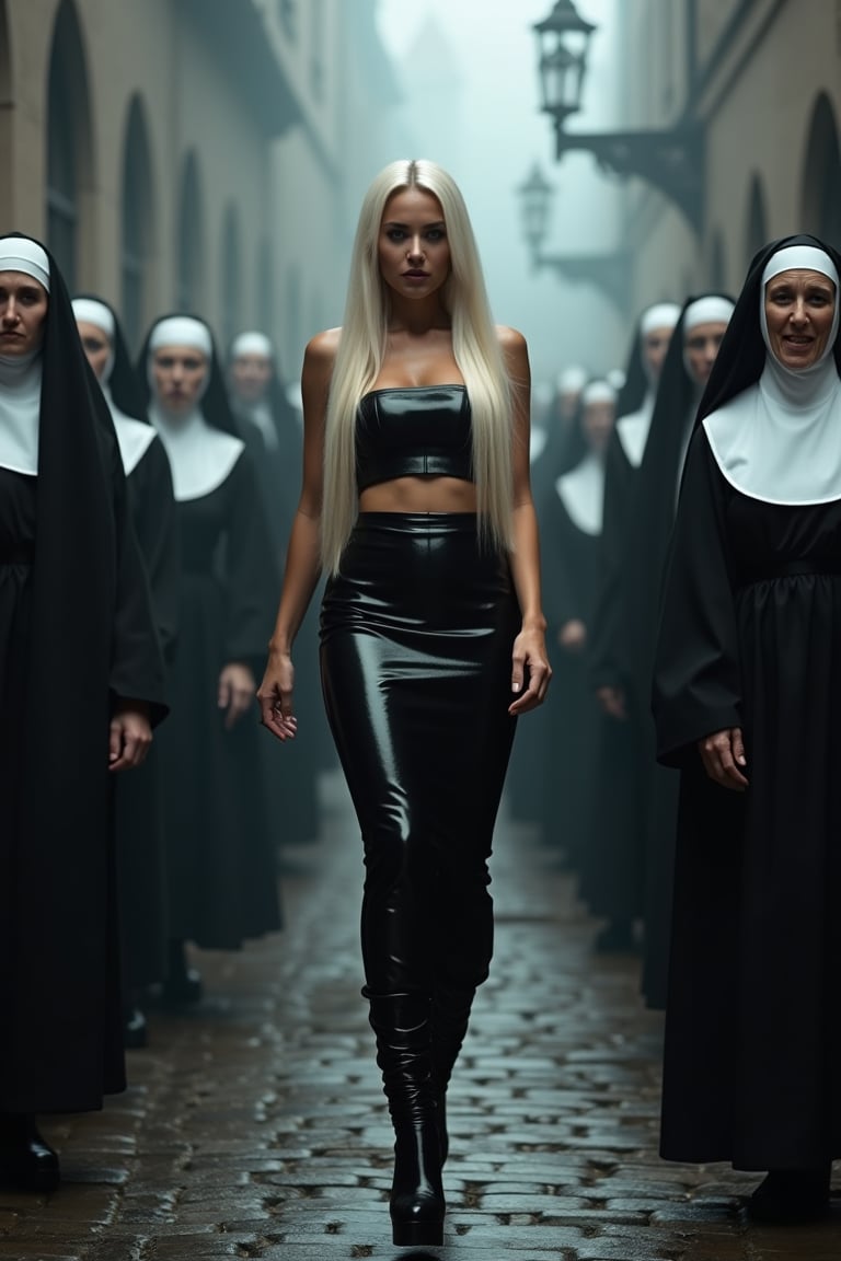 Full-length view of a stunning woman with long platinum blonde hair, dressed in a sleek black latex skirt, matching fitted top, and glossy stiletto heels. She walks confidently down a foggy cobblestone street, her devious smile aimed directly at the camera, exuding an aura of dark allure and confidence, as if she is the devil herself. Surrounding her, old nuns in traditional habits watch with envy and fascination, their eyes filled with a mix of admiration and desire. The woman's penetrating gaze and gloating expression suggest she revels in the forbidden power she holds over them. The scene is set in a dimly lit, gothic atmosphere, with soft, natural lighting casting shadows that accentuate the contrast between her polished, modern look and the nuns’ humble appearance. The overall mood blends elegance with a provocative, sinister undertone. The image has 8k resolution, with studio lighting and professional fashion photography aesthetics, shot using a Canon EOS R5 with a 50mm f/1.2 lens, ensuring a sharp, elegant, and highly detailed composition