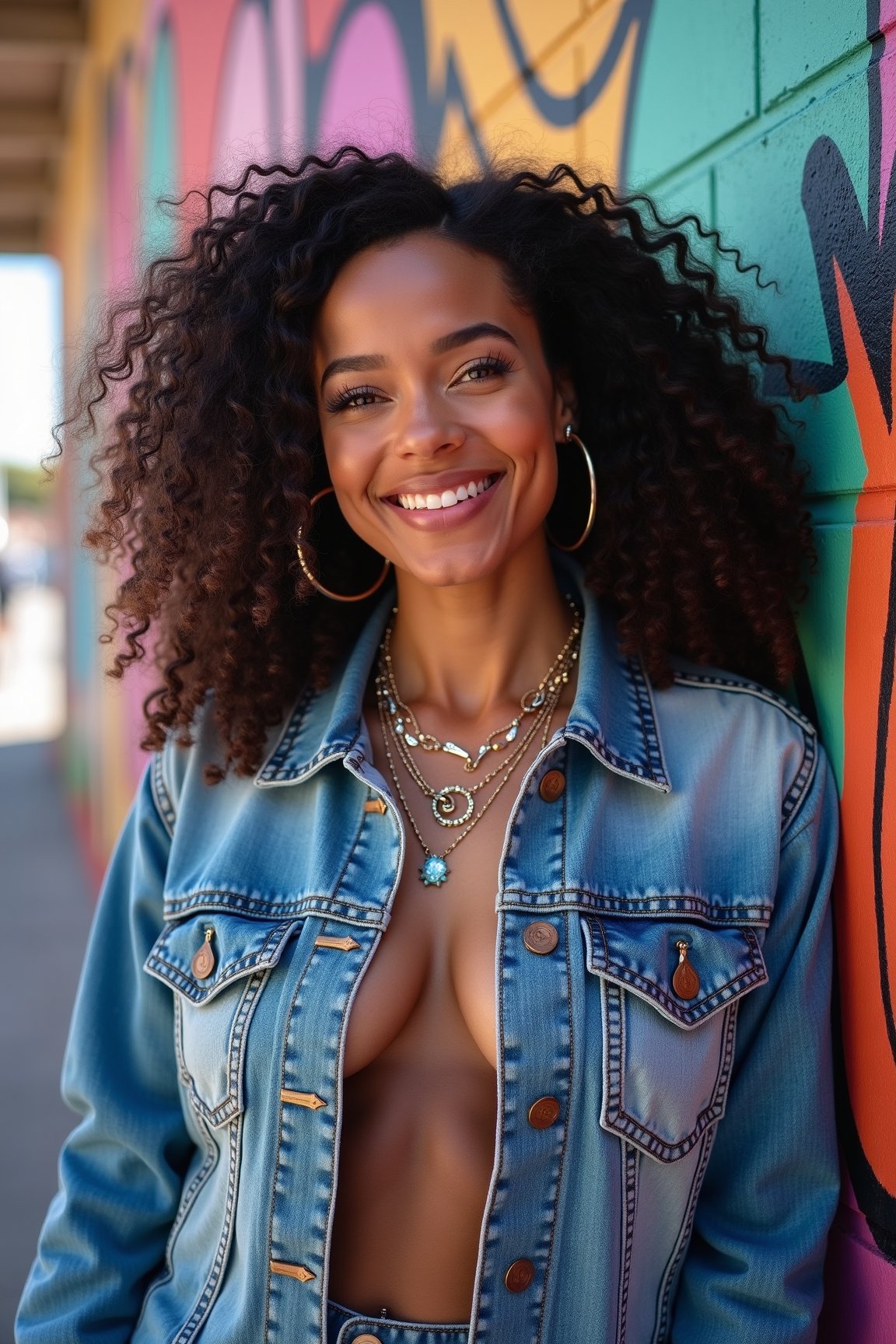 Latina woman, quarter shot, in a denim jacket, hoop earrings, layered necklaces, big smile, standing against graffiti wall, natural curls, 50MP resolution, Nikon Z8, Scott Schuman’s street-style photography, vibrant colors