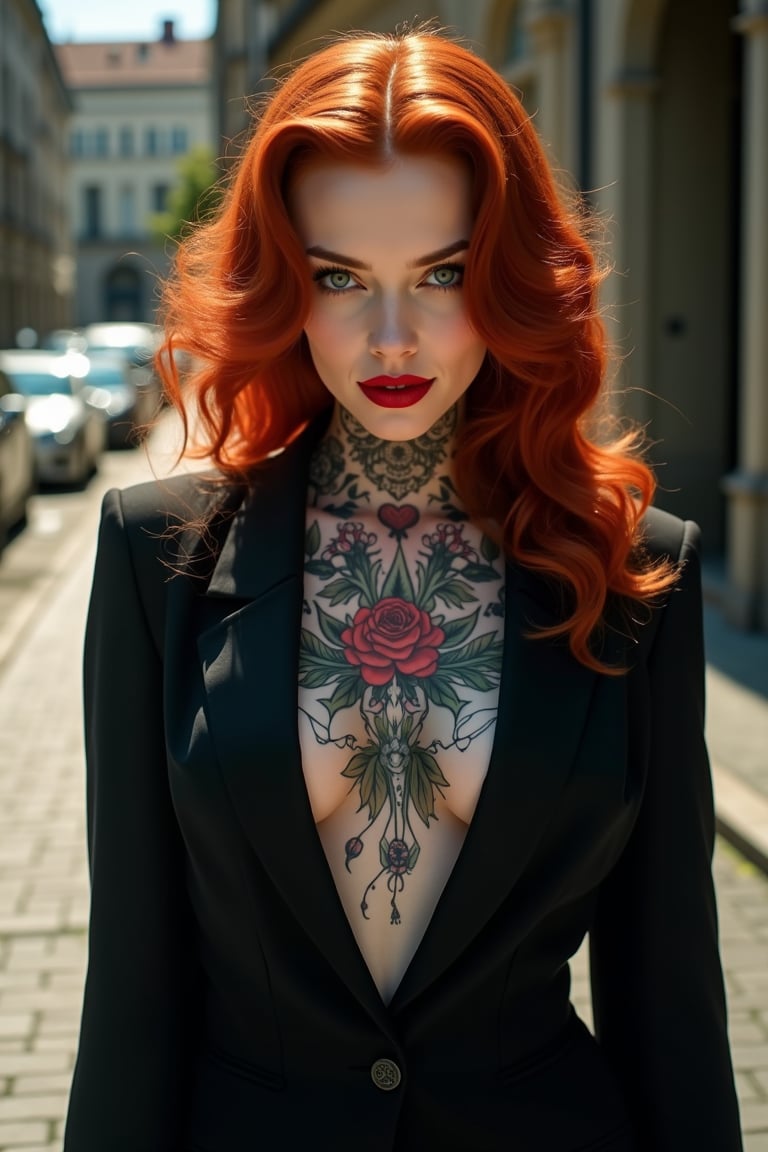 A full-body portrait of a stunning red-haired woman, 25 years-old, her hair styled in a classic retro wave, with a (gaze that is piercing and unnervingly intense, her smile subtly cruel), lips red and glossy. Her black tailored blazer accentuates her tattooed chest with intricate floral and demonic designs, blending beautifully against her alabaster skin. She stands confidently outdoors in bright daylight, casting dramatic shadows. The image captures a sense of power and allure, blending modern gothic aesthetics with high-fashion elegance, taken with a Canon EOS R5, 8k resolution, emphasizing hyper-realism and sharp details