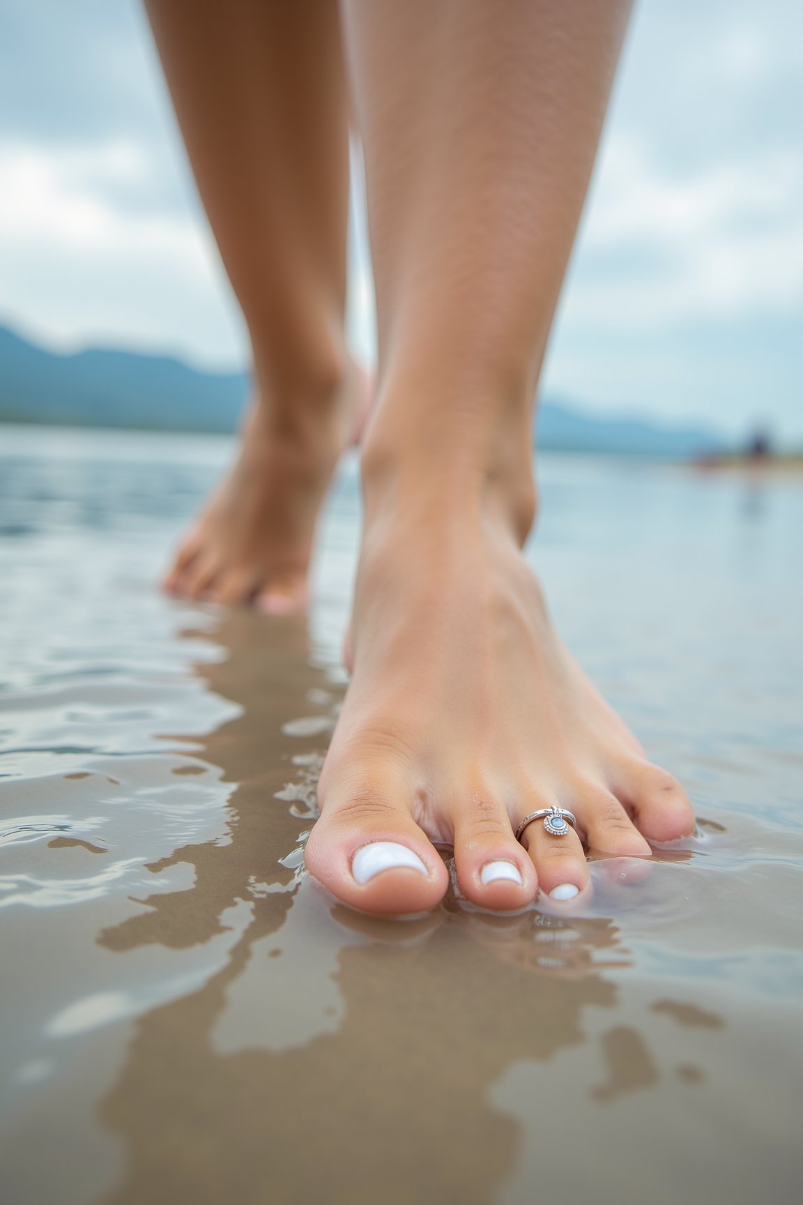 A close-up shot of a woman's feet as she steps into shallow ocean water at the beach. Her toenails are perfectly manicured with white polish, and she wears delicate toe rings that catch the light. The background features a serene, cloudy sky with distant mountains, creating a peaceful and natural atmosphere. The image captures the gentle ripples in the water and the soft reflection of light on the wet sand, emphasizing the tranquility and beauty of the scene in a high-resolution, realistic style. 8k resolution, kodak gold 400 quality. 