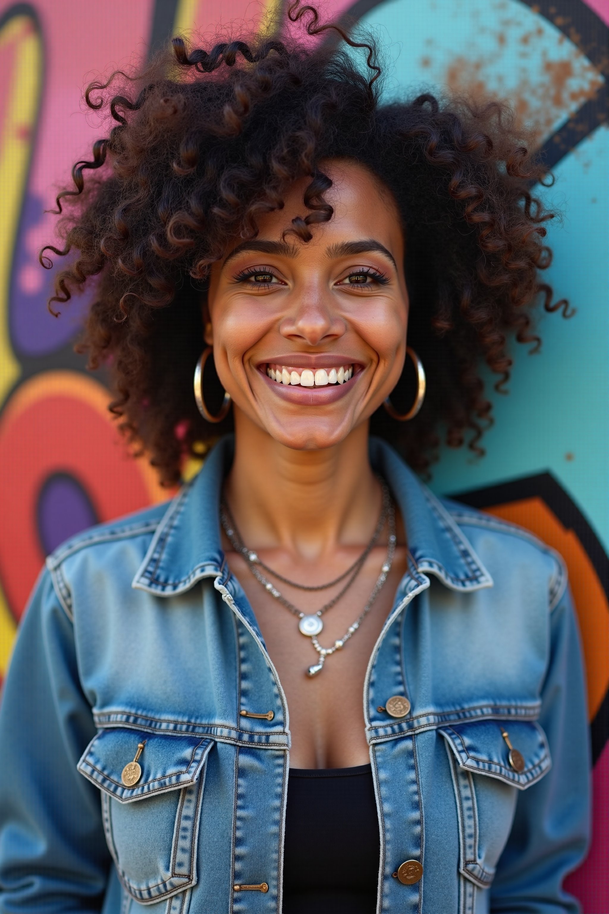 Latina woman, quarter shot, in a denim jacket, hoop earrings, layered necklaces, big smile, standing against graffiti wall, natural curls, 50MP resolution, Nikon Z8, Scott Schuman’s street-style photography, vibrant colors