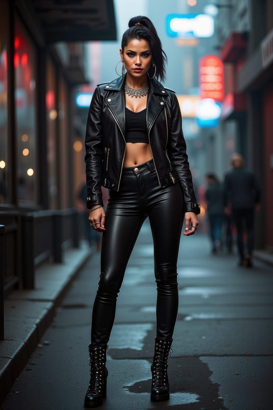 A fierce Latina woman, full-body shot, rocking a black leather jacket, high-waisted leather pants, and ankle boots with metal accents. She stands confidently on a gritty urban street, neon signs glowing in the background. She accessorizes with silver hoop earrings, a spiked choker, and multiple rings. Her makeup is bold, with dark eyeliner and matte red lips. Captured in 61MP resolution using a Sony a7R V, in the edgy, street-style photography of Terry Richardson, with dramatic lighting and deep shadows