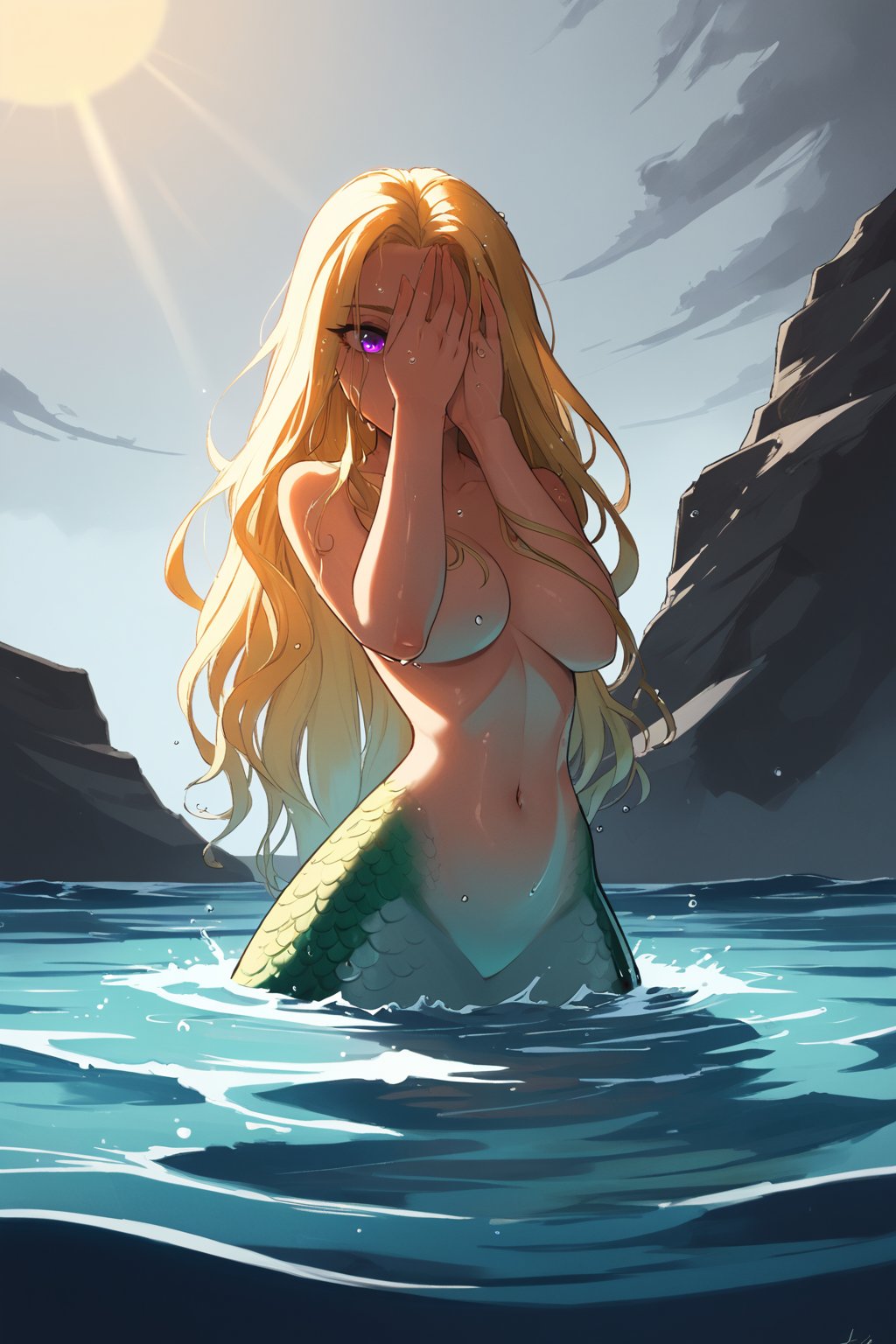 score_9, score_8_up, score_7_up, perfect hands, in water, waist up out of water, palmed fingers, nude Mermaid, extremely long blonde hair, wet hair, longest tail, pearlescent scales, shimmering scales, water splashing on rocks, combing hair, shell comb, one arm stretched out, covering eyes from sun, squinted eyes, overcast sky, godrays, wave crashing, jagged rocks, craggy rocks, perched on rocks, in ocean, tail wrapping around rock, easynegative, Expressiveh, 43stl1ght1ng, low light, dramatic lighting, darkness, eye lighting, water, reflection, purple eyes, 3/4 perspective, wet skin, hud_m3rmaid, monster girl, mermaid,