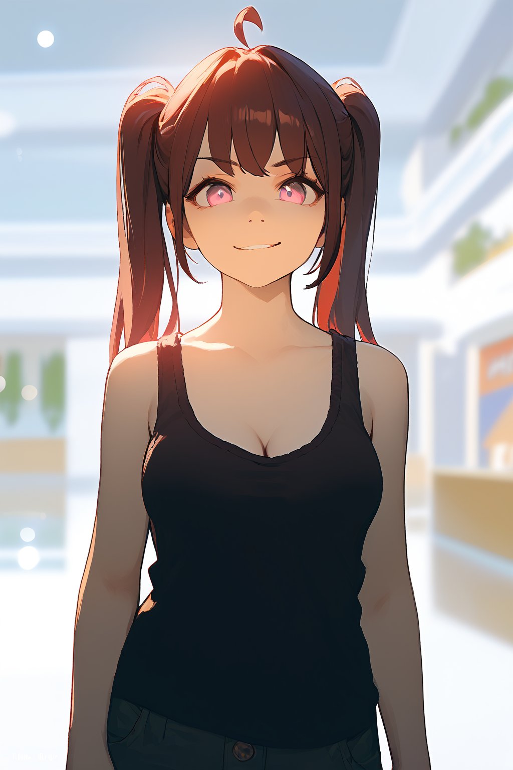 score_9, score_8_up, score_7_up, score_6_up, score_5_up, score_4_up, 
best quality, expressive eyes, perfect face, looking_at_viewer,
(black_hair), 1girl, long_hair, twintails, bra under tank top, bra, tank top, bangs, medium_breasts, cleavage, dark_eyes, haughty, pouting, smirk, taunt, seductive, pink_eyes, ahoge, solo, rating:safe, (face), face portrait view, standing in a modern mall, blurry_background, blurry_foreground.
cel shading art, hand-drawn graphic novel, beautiful color palette, perfect composition, cinematic, Concept art, good_hands,