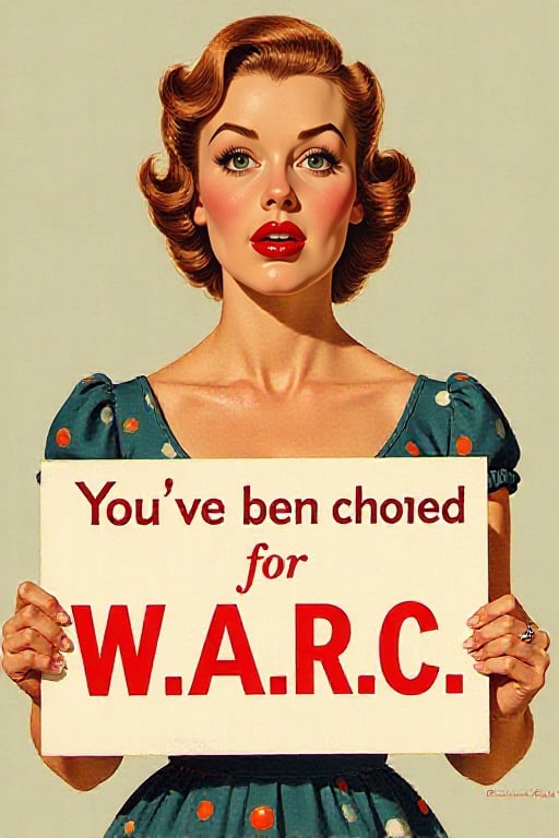 surprised young woman in a vintage 1950s dress. oh face, hand over mouth, holding a sign with written (You've been choosed for W.A.R.C.) on it in big red letters.,American vintage Illustrations 