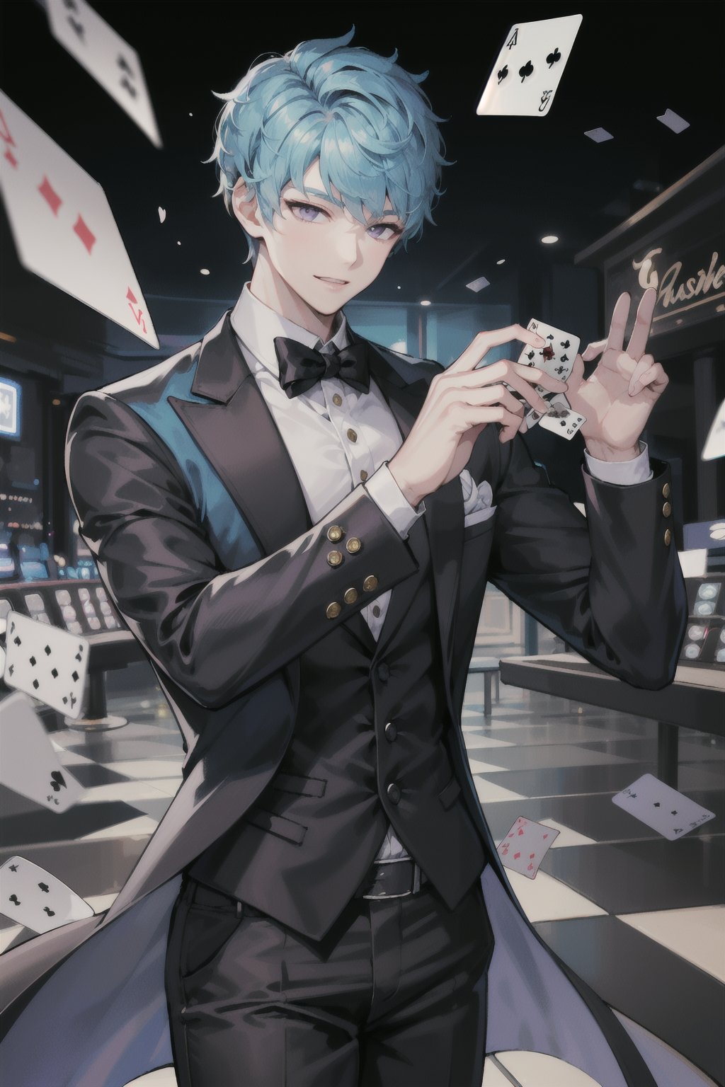 1boy, Esker, blue hair, Purple eyes, solo muscle, casino, playing cards, trusted, elegant suit