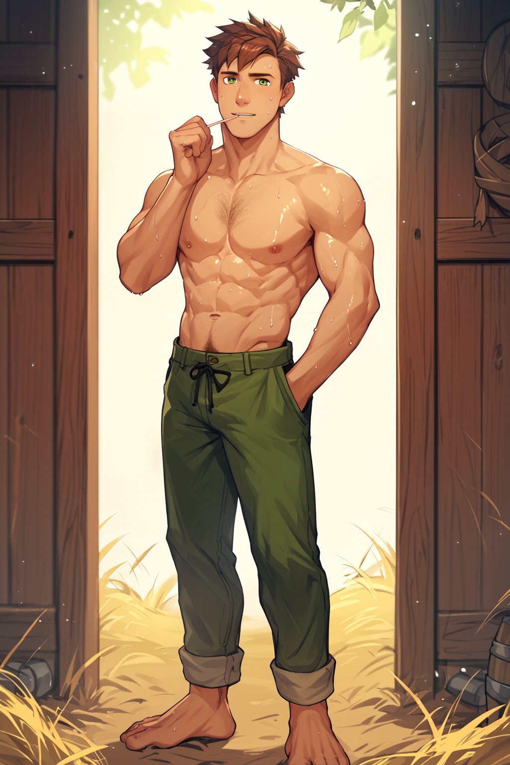 score_9, score_8_up, score_7_up, score_6_up, score_5_up, source_anime, toned_male, looking_at_viewer, good face, masterpiece, male focus, solo, toned_male, full body, Alex_SDV, Brown Hair, Green Eyes, farm, standing, (sweating), sweat, goats, straw, (rolled up trousers), hairy chest, shirtless