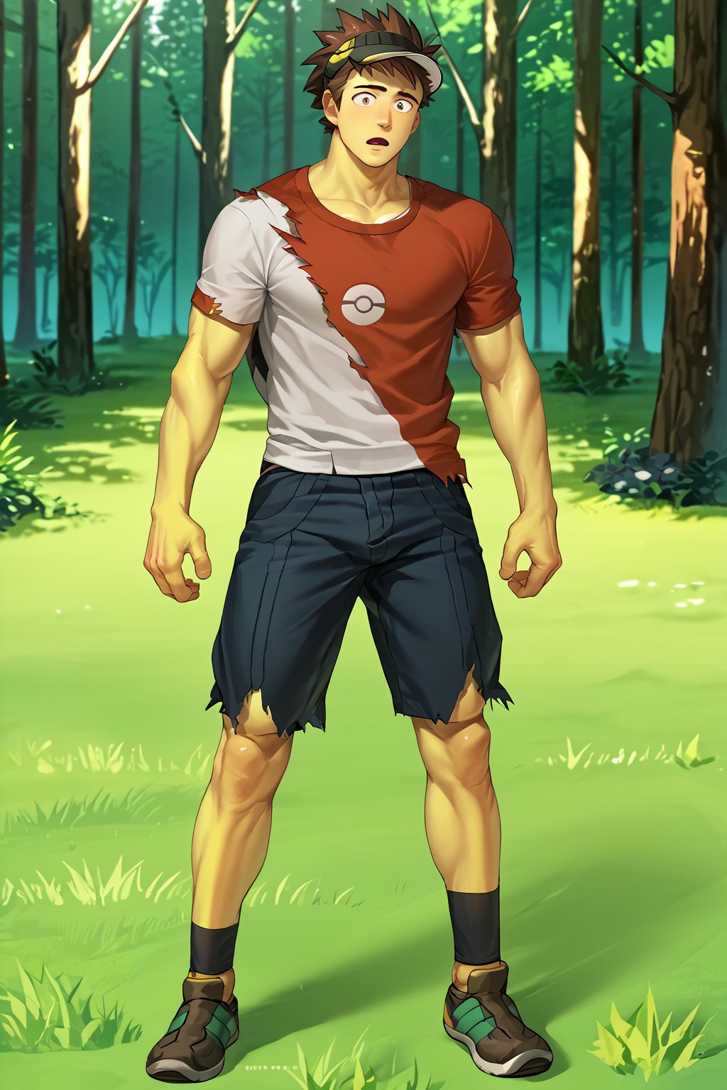 score_9, score_8_up, score_7_up, score_6_up, score_5_up, source_anime, toned_male, good face, masterpiece, male focus, solo, toned_male, full body, Naoki, Bara,GO_pokemon, brown hair, visor cap, forest, tall grass, short sleeve t-shirt, shorts, yellow skin, torn clothes, surprise, 