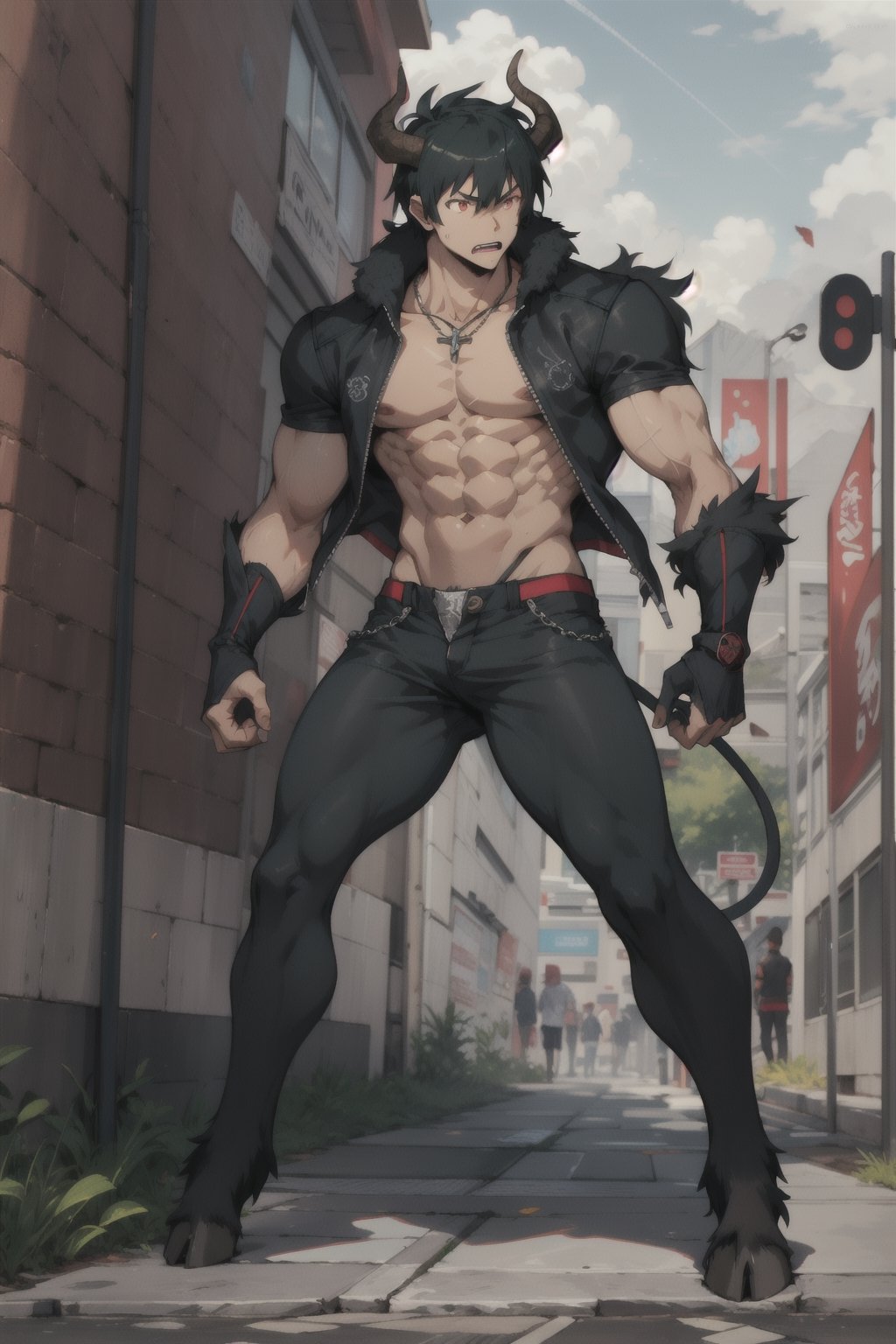 sadao_maou, red eyes, black hair, bull legs, hooves, black fur, demon horns, muscular, torn clothes, transformation, city, 1boy, hooved legs, angry, nj5furry, muscular legs, muscular chest, 