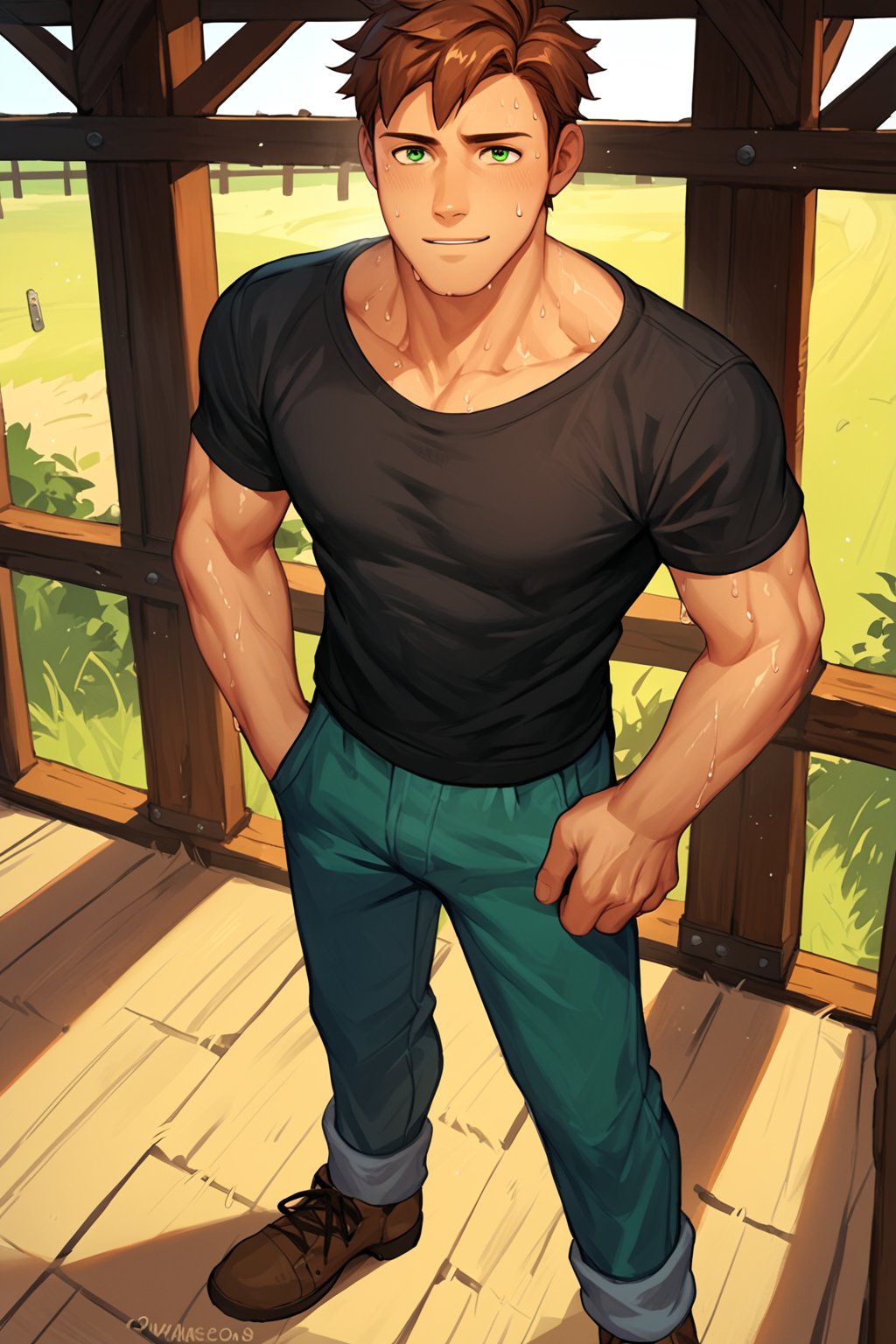 score_9, score_8_up, score_7_up, score_6_up, score_5_up, source_anime, toned_male, looking_at_viewer, good face, masterpiece, male focus, solo, toned_male, full body, Alex_SDV, Brown Hair, Green Eyes, farm, standing, (sweating), sweat, Black Shirt, goats, straw, looking at the ground