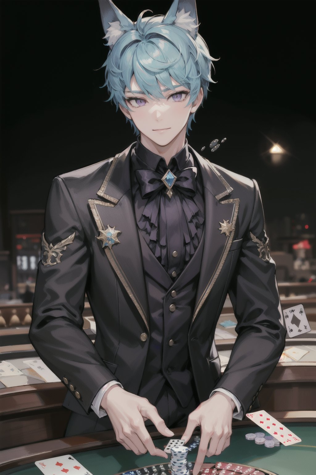 1boy, Esker, blue hair, Purple eyes, solo muscle, casino, playing cards, trusted, elegant suit, fox ears,