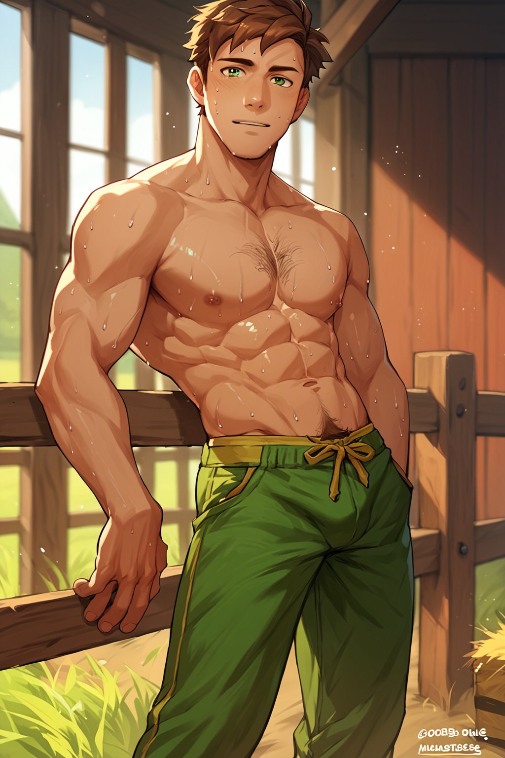 score_9, score_8_up, score_7_up, score_6_up, score_5_up, source_anime, toned_male, looking_at_viewer, good face, masterpiece, male focus, solo, toned_male, full body, Alex_SDV, Brown Hair, Green Eyes, farm, standing, (sweating), sweat, goats, straw, (rolled up trousers), hairy chest, shirtless, green underwear, hairy leg, no jackets