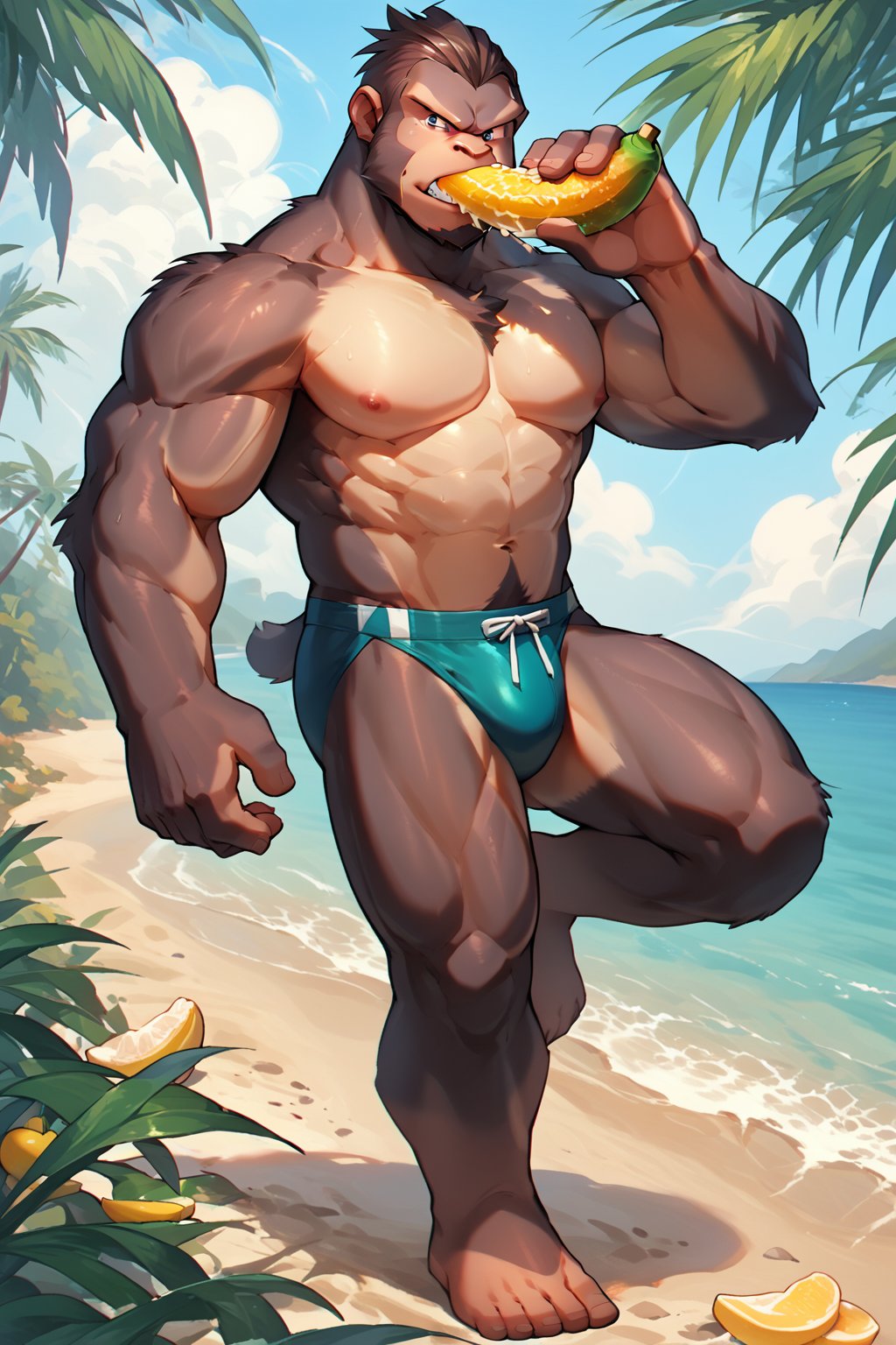 score_9, score_8_up, score_7_up, score_6_up, score_5_up, source_anime, male focus, solo, toned_male, muscle, looking_at_viewer, full body, pkmn_swim, Beach, palm_tree, bananas, eating, furry leg, furry arms, furry chest, gorilla furry, 