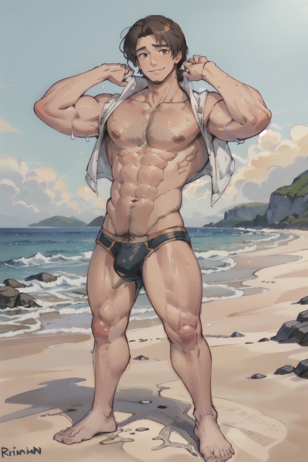 flynn_rider, beach, muscle, hairy leg, hairy chest, 1boy, swim_trunks, bright smile, full_body, flexing