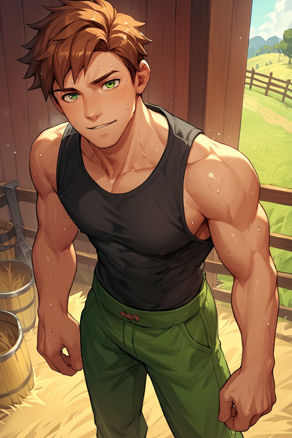 score_9, score_8_up, score_7_up, score_6_up, score_5_up, source_anime, toned_male, looking_at_viewer, good face, masterpiece, male focus, solo, toned_male, full body, Alex_SDV, Brown Hair, Green Eyes, farm, standing, (sweating), sweat, Black Shirt, goats, straw, looking at the ground