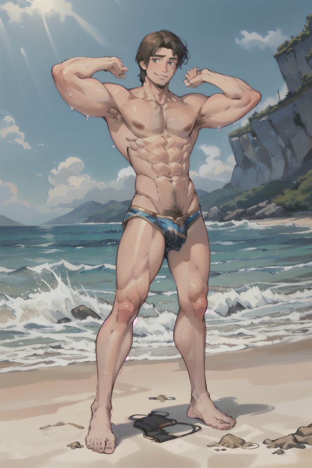 flynn_rider, beach, muscle, hairy leg, hairy chest, 1boy, swim_trunks, bright smile, full_body, flexing, shiny_skin