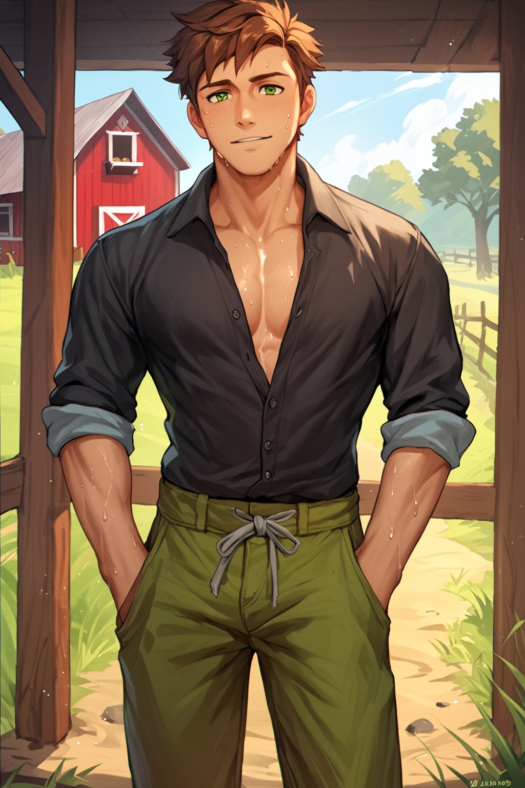 score_9, score_8_up, score_7_up, score_6_up, score_5_up, source_anime, toned_male, looking_at_viewer, good face, masterpiece, male focus, solo, toned_male, full body, Alex_SDV, Brown Hair, Green Eyes, farm, standing, (sweating), sweat, Black Shirt, goats, straw, ((rolled up trousers)), hairy legs, 