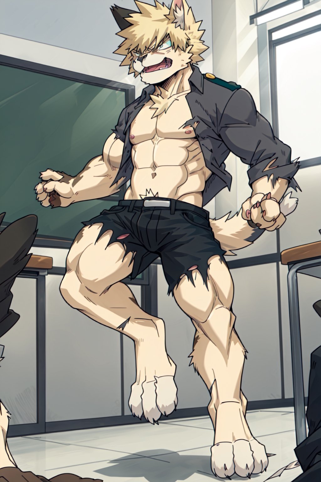 furry, 1boy, Katsuki_Bakugo, (transformation1), Furry_feet, male, muscle, classroom, torn_clothes, uniform, angry, anthro_domestic_cat, cat_ears,  