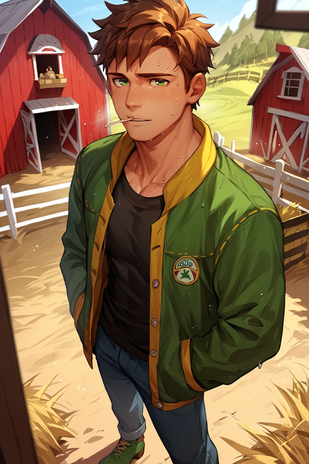 score_9, score_8_up, score_7_up, score_6_up, score_5_up, source_anime, toned_male, looking_at_viewer, good face, masterpiece, male focus, solo, toned_male, full body, Alex_SDV, Brown Hair, Green Eyes, farm, standing, (sweating), sweat,Green Jacket, Black Shirt, goats, straw, looking at the ground