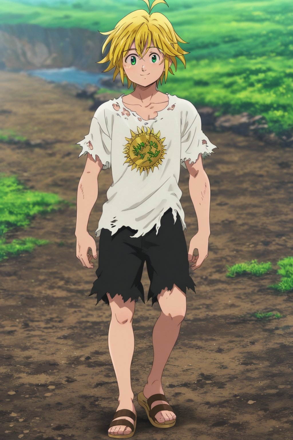 meliodas_nanatsu_no_taizai, blonde hair, green eyes, solo, male, full body, depth of field, white shirt, black shorts, smile, sandals, standing, Ripped shirt, msucle