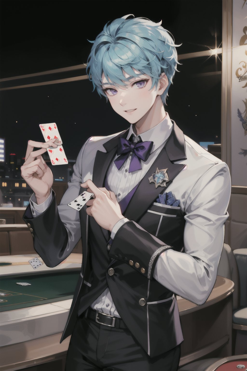 1boy, Esker, blue hair, Purple eyes, solo muscle, casino, playing cards, trusted, elegant suit