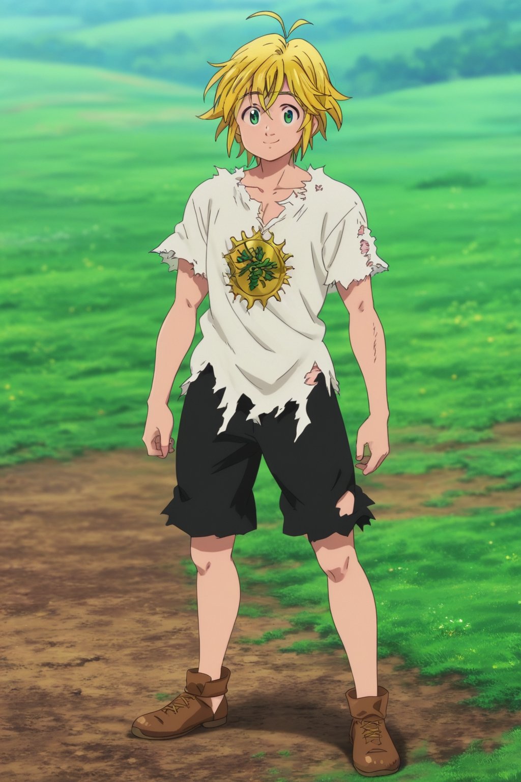 meliodas_nanatsu_no_taizai, blonde hair, green eyes, solo, male, full body, depth of field, white shirt, black shorts, smile, standing, Ripped shirt, msucle