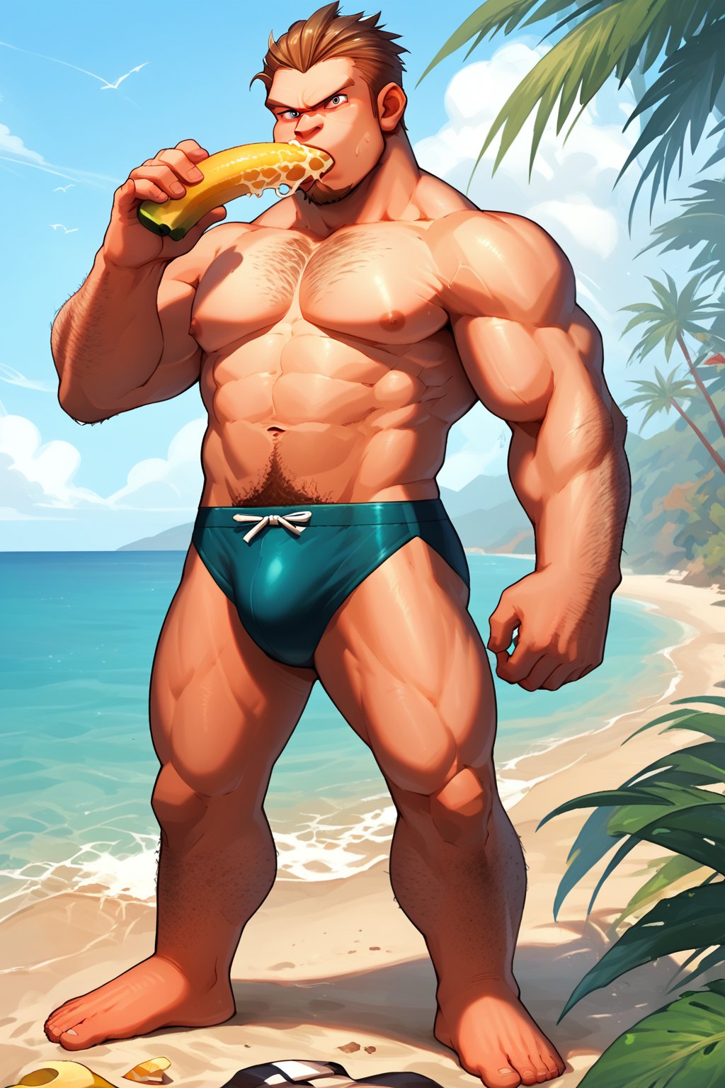 score_9, score_8_up, score_7_up, score_6_up, score_5_up, source_anime, male focus, solo, toned_male, muscle, looking_at_viewer, full body, pkmn_swim, Beach, palm_tree, bananas, eating, gorilla leg, hairy arms, hairy chest, gorilla, 