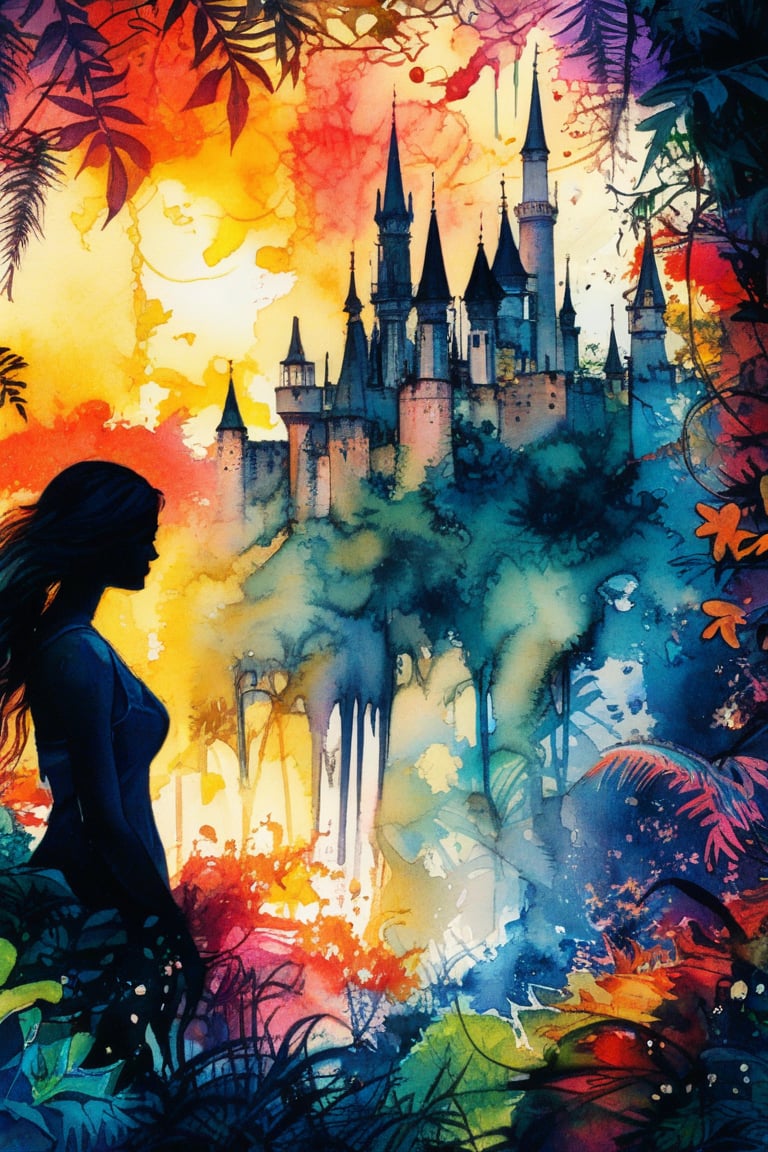 2d Ultra-high definition watercolor ink art, cool toned vibrant deep vivid, in the style of Greg Simkins, Andi Soto, Carne Griffiths. Side view colored solid silhoette of a woman superimposed against a castle with overgrown lush vegetation, cinematic, raw, sharp focus, masterpiece