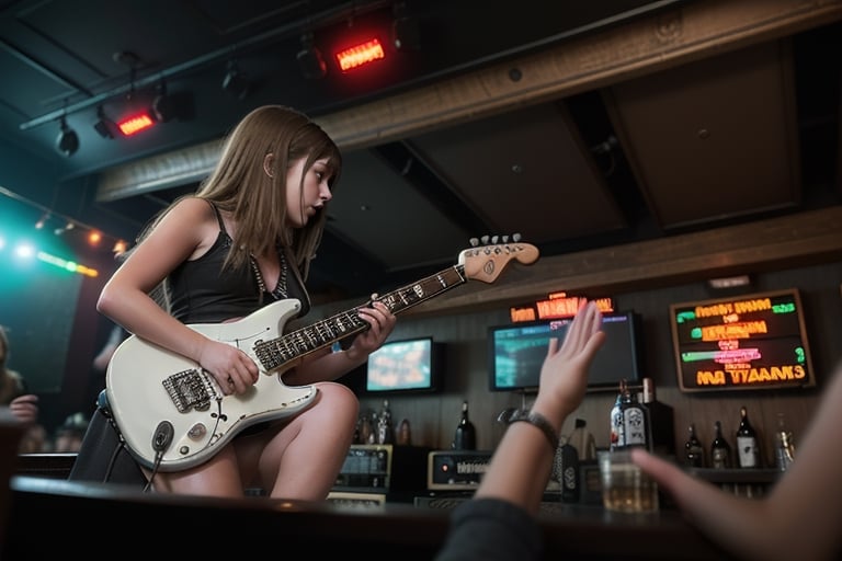 long shot of a girl playing electric guitar in a bar stage. crowd backgeound, blurred background. cinematic, dynamic lighting, stage photography