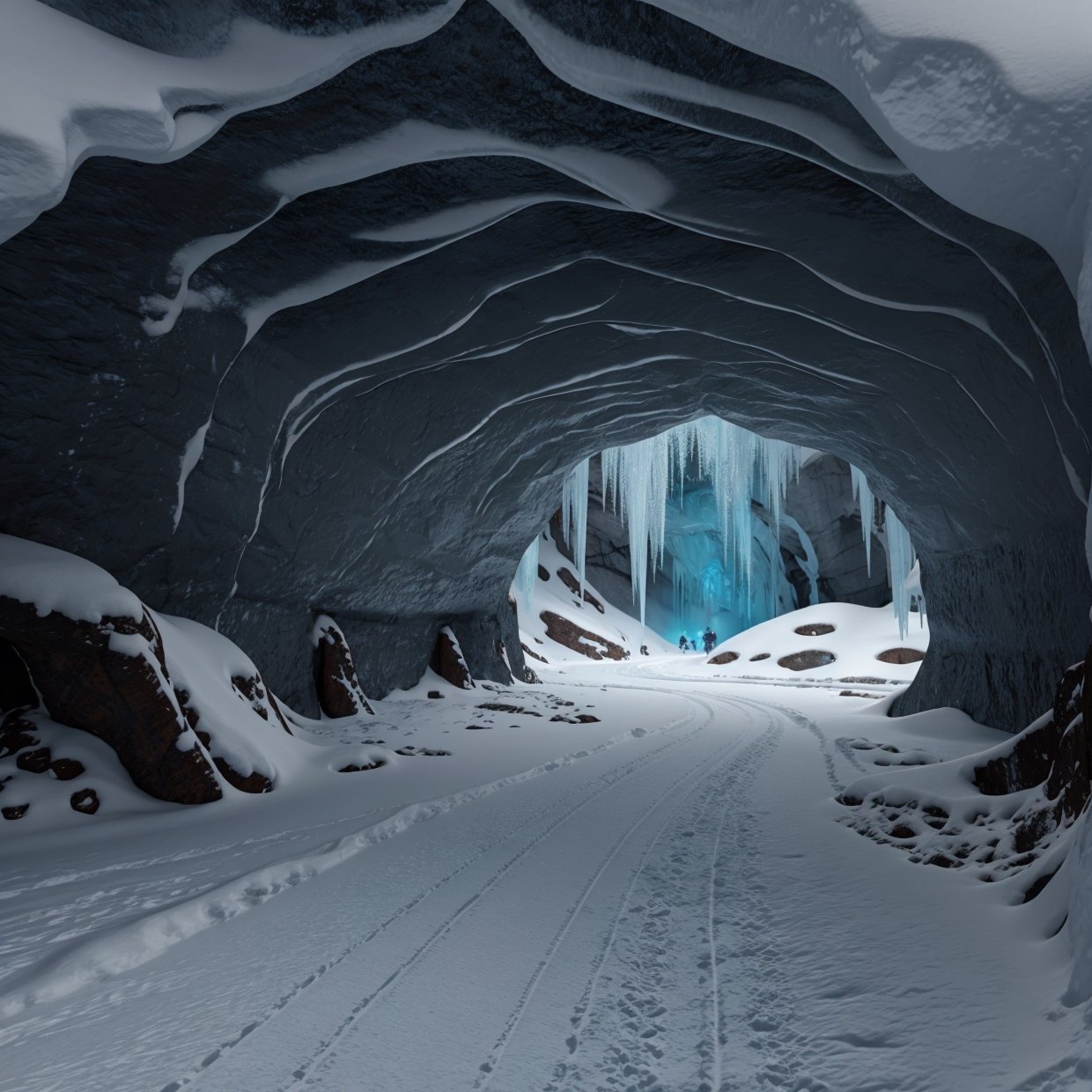 a frozen cave in middle of a snow desert, 4k, soft, dark ambience