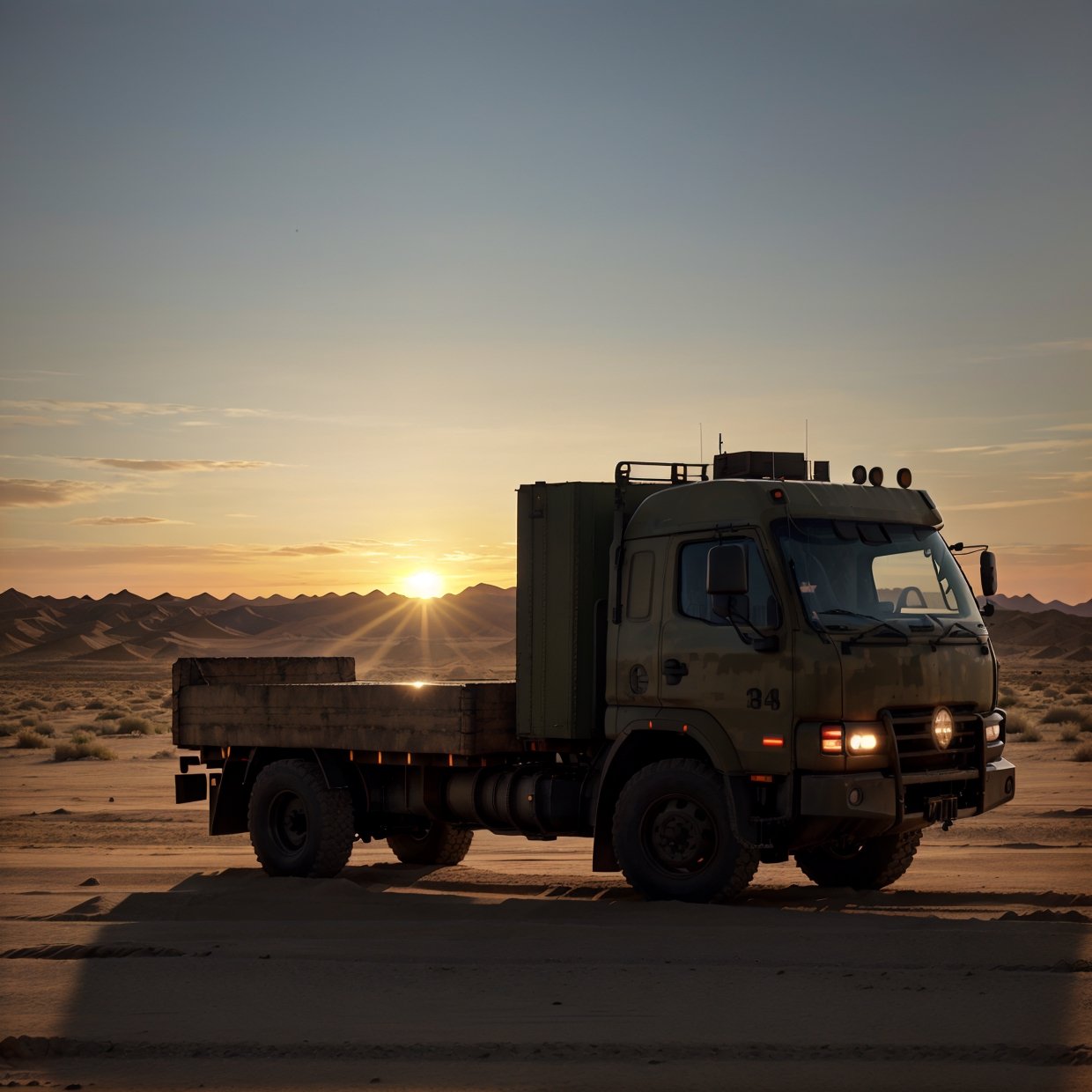 (military cargo truck v3s:1.1)  volumetric lights, mist, cinematic, desert snow, sunrise, sun low