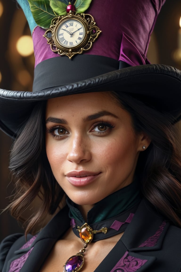 Beautiful and Alluring Meghan Markle, as Mad Hatter, ornaments, Athletic Well Toned Body, Elegant Form, Beautiful Face, Ominous Gothic Theme, fantasy theme, Fiverr Dnd Character, Octane Render, Digital Art, Extreme Detail, 4k, Ultra Hd, Polished, Beautiful, Hyperdetailed, Intricate, Elaborate, Meticulour