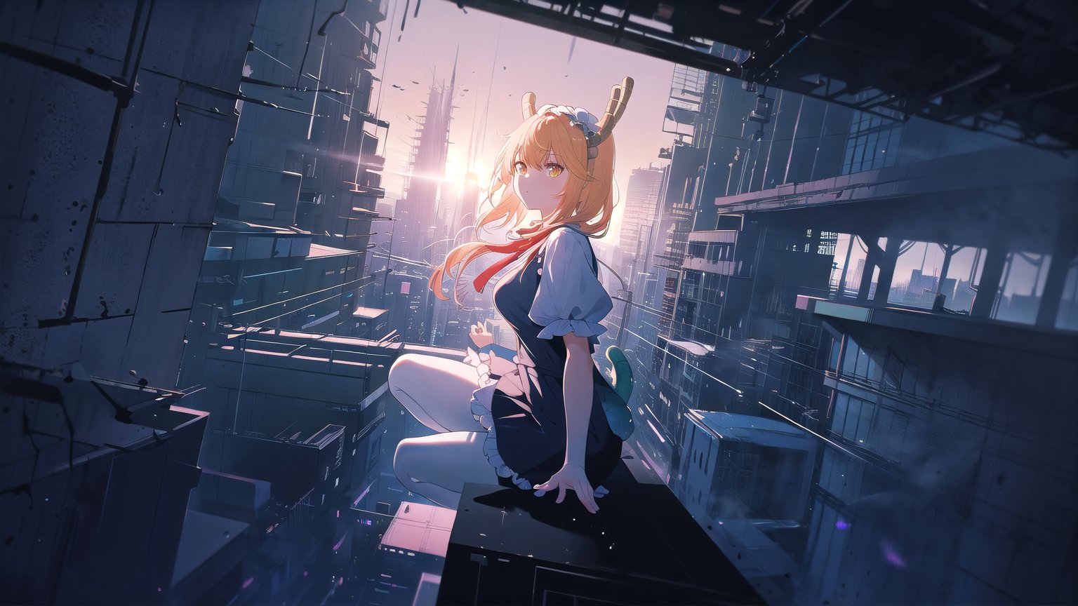 1 girl, 1 girl perched on a futuristic rooftop, gazing at a holographic city skyline, solitude, reflection, cityscape, futurism, contemplation, rooftop lair, wide-angle lens, twilight, 24mm focal distance, cyberpunk landscape, by SilverWhiskers, tohru (maidragon), TohruDM, NTail, white pantyhose, yellow hair, 4k, beautiful, masterpiece,More Detail,portrait,backlight