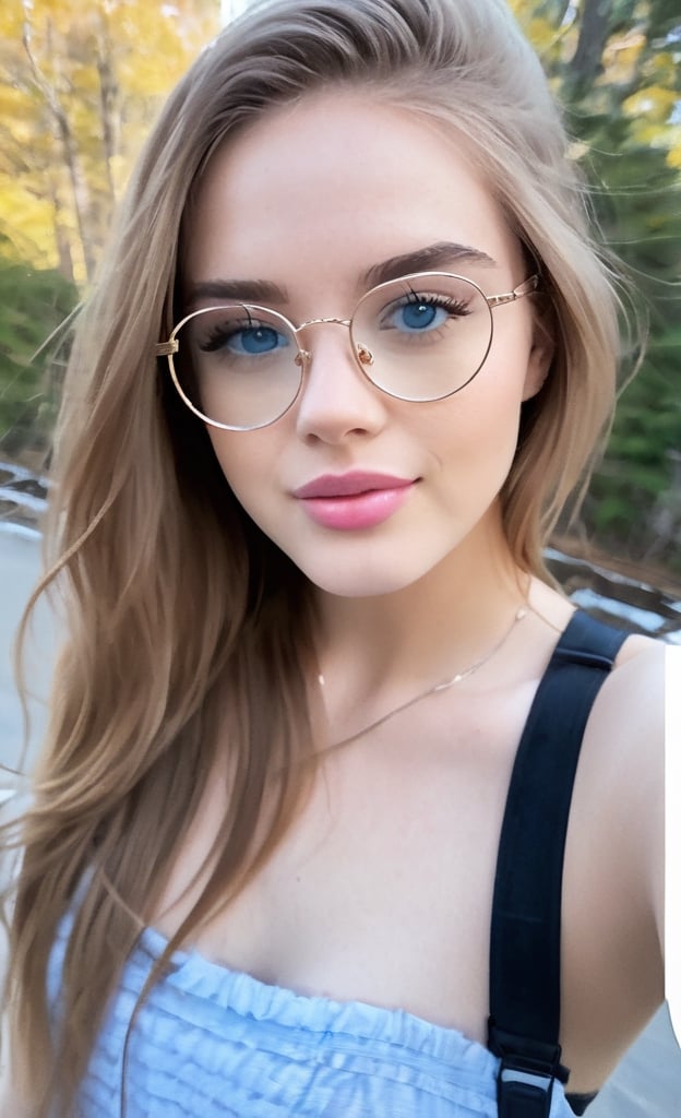 21 yo american instagram influencer, light brown hairs, (wire rim glasses:1.4), ice blue eyes, capture this image with a high resolution photograph using an 85mm lens for a flattering perspective, upper_body view,
