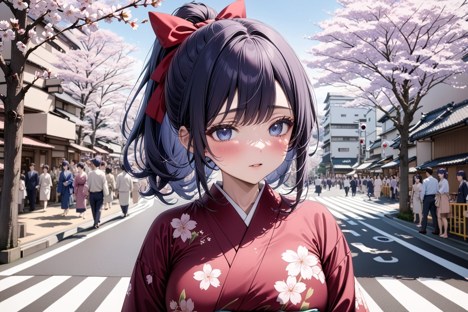 (masterpiece:1.2),(best quality:1.2),newest,(intricate details),1girl,(maroon color botanical print kimono),((dark moonlight blue hair),(curl hear),red hair ribbon,ponytail,blue eyes),big breast,blush,street,crowd,daytime,,japan,scenery,crosswalk,((tree,cherry blossoms))