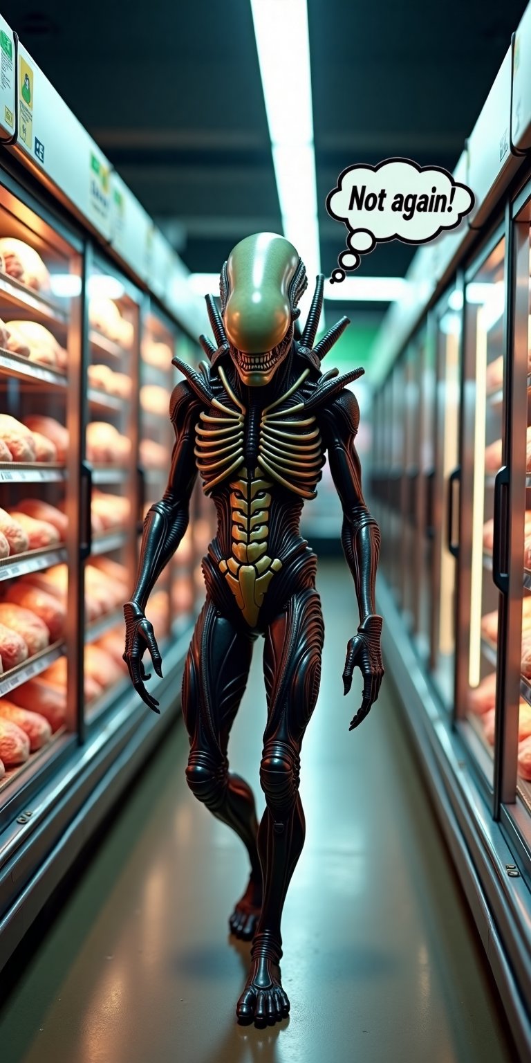 Xenomorph alien strolling through grocery store,  freezers,  meat isle by CptLoggs on Tensor.Art