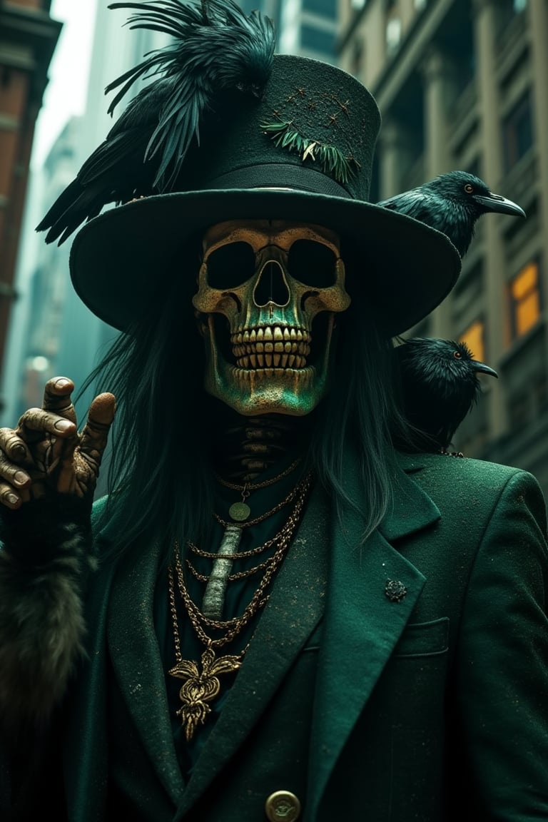 Gritty urban backdrop sets the stage for 'Death's Denim Dealer'. The Grim Reaper,  resplendent in a zoot-inspired ensemble...