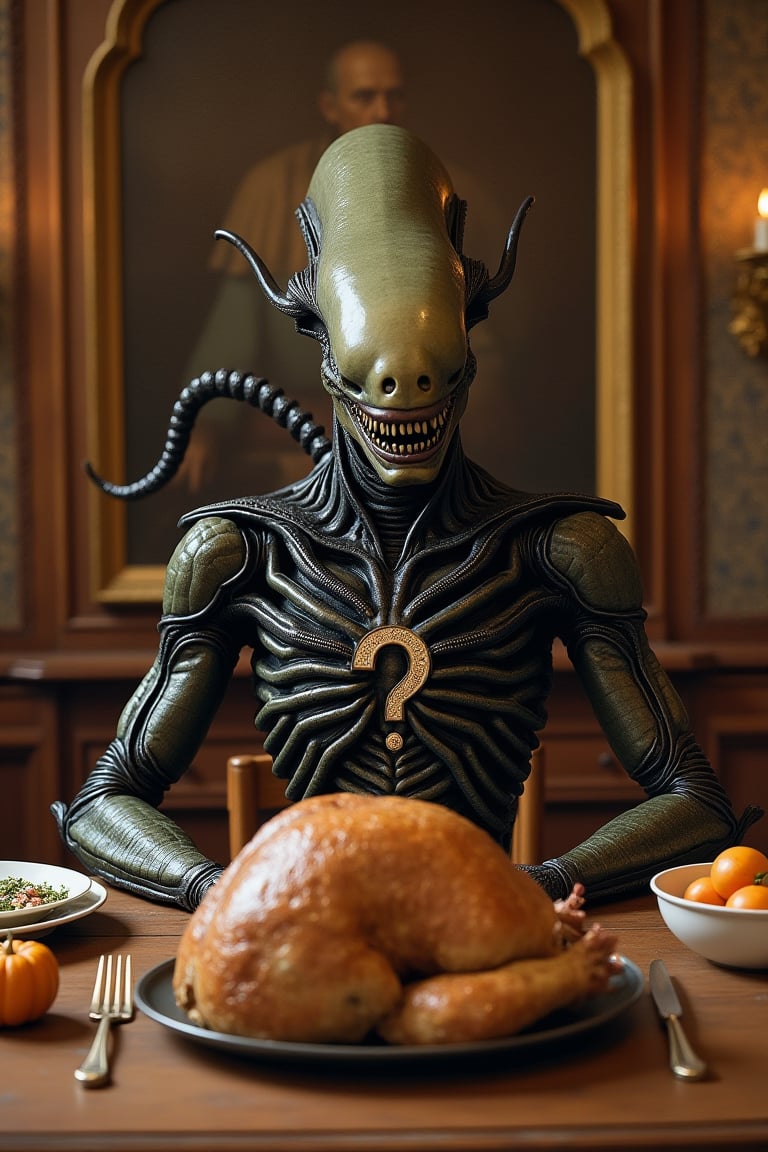 Xenomorph alien sitting on a fine dining table,  Thanksgiving,  cozy woodenhouse by CptLoggs on Tensor.Art