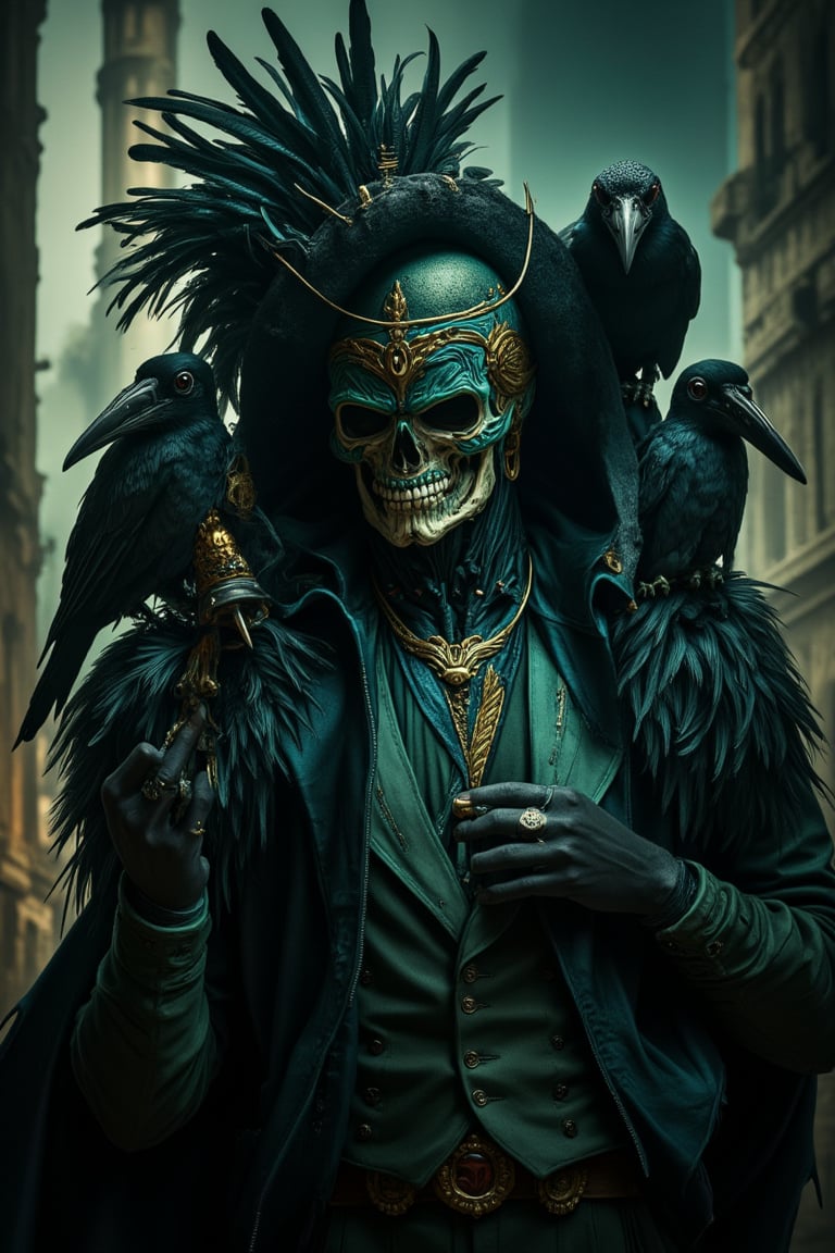 Gritty urban backdrop sets the stage for 'Death's Denim Dealer'. The Grim Reaper,  resplendent in a zoot-inspired ensemble...