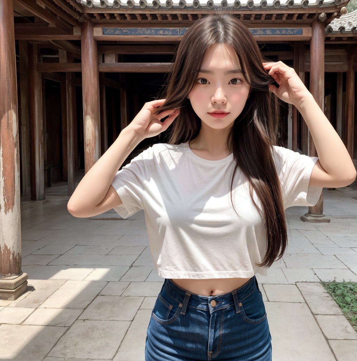 A beautiful girl with long  brown hair and brown eyes, wearing casual jeans and a white T-shirt, holding a camera, wandered around the Chinese palace, capturing the beauty and sacredness of ancient buildings.