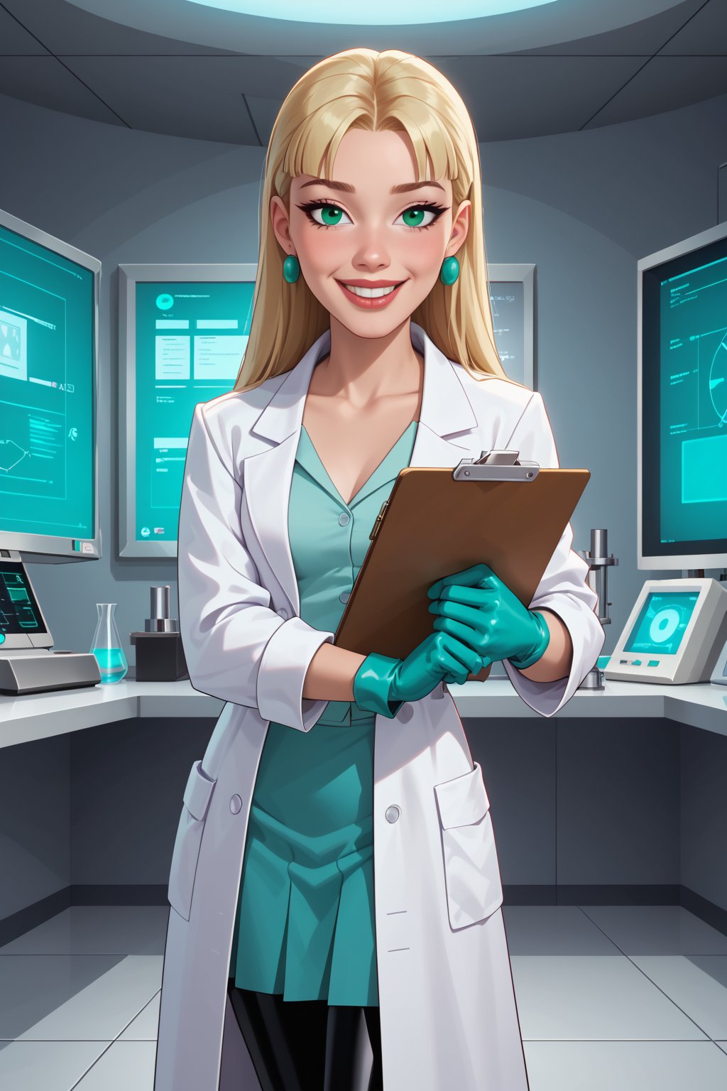 score_9, score_8_up, score_7_up, score_6_up, solo, laboratory assistant, intern, 1girl, green_eyes, clipboard, cropped_legs, holding, holding_clipboard, hugging_clipboard, ((lab_coat)), white_lab_coat, light_blush, lips, smile dimples, college student, 18 years old, young, hime_cut, long_hair, blunt_bangs, blonde_hair, parted_lips, parted_bangs, latex_gloves, sleeves_rolled_up, goofy, gullible, shy, demure, awkward_smile, blushing, cute, looking_at_viewer, light blue shirt, collarbone, earrings, collared_shirt, pleated_skirt, leggings, bright laboratory background, 
cel shading art, hand-drawn graphic novel, beautiful color palette, perfect composition, cinematic, Concept art, good_hands, Expressiveh, perfect hands. comic book illustration, Dc comics style