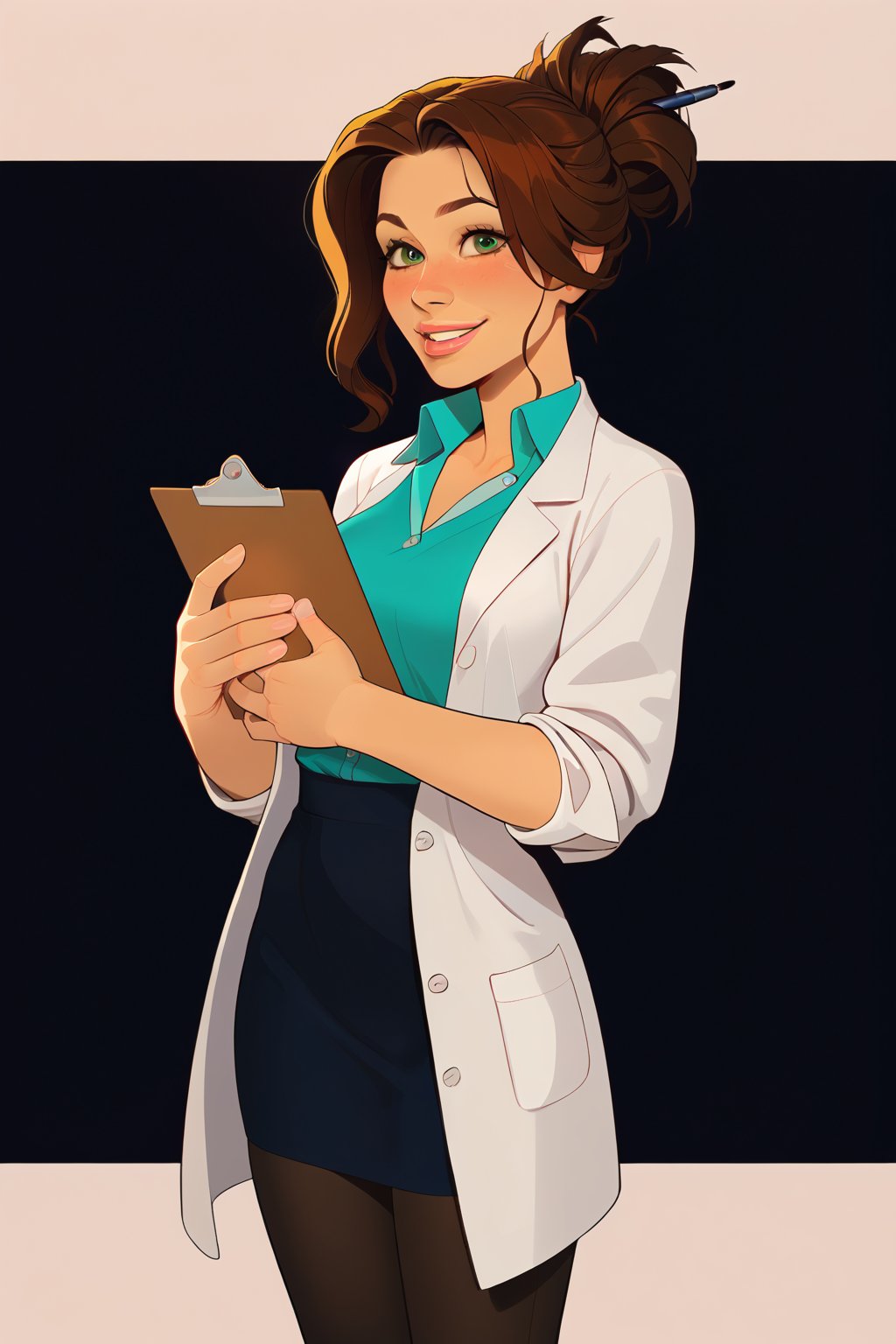 score_9, score_8_up, score_7_up, score_6_up, 1girl, emerald_eyes, brown_hair, clipboard, cropped_legs, holding, holding_clipboard, hugging_clipboard, lab_coat, light_blush, lips, student, 18 years old, messy ponytail, parted_lips, parted_bangs, pen, sleeves_rolled_up, solo, shy, demure, awkward_smile. cute cardigan, shirt, open_collar, plaited_skirt, leggings, bright laboratory background,
cel shading art, hand-drawn graphic novel, beautiful color palette, perfect composition, cinematic, Concept art, good_hands, Expressiveh, perfect hands.