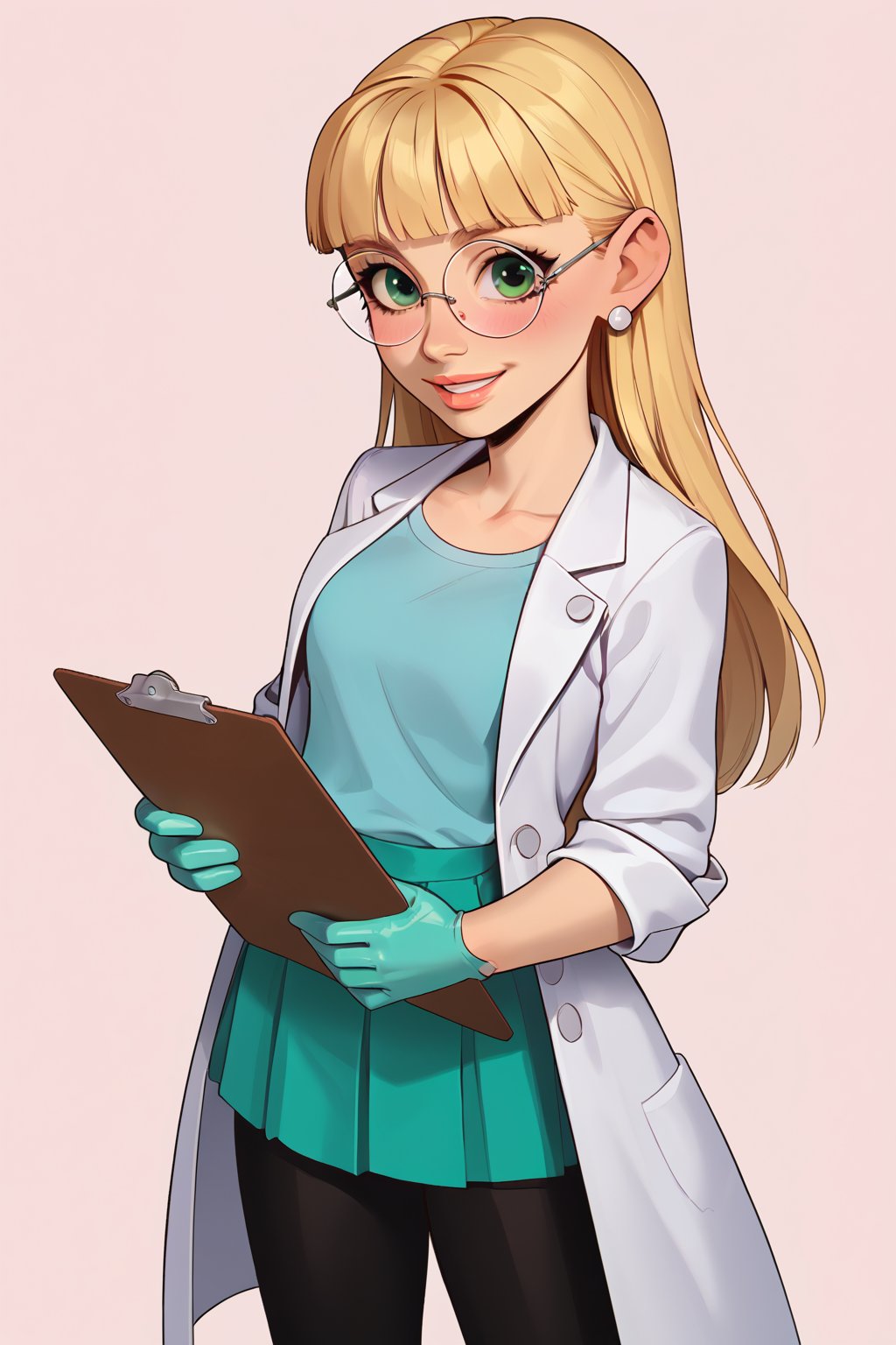 safe_pos, score_9, score_8_up, score_7_up, score_6_up, Expressiveh, very aesthetic, absurdres, highres, solo, laboratory assistant, intern, 1girl, green_eyes, round glasses, clipboard, cropped_legs, holding, holding_clipboard, hugging_clipboard, ((lab_coat)), white_lab_coat, light_blush, lips, smile dimples, college student, 18 years old, young, hime_cut, long_hair, blunt_bangs, blonde_hair, parted_lips, parted_bangs, latex_gloves, sleeves_rolled_up, goofy, gullible, shy, demure, awkward_smile, blushing, cute, looking_at_viewer, light blue shirt, collarbone, earrings, collared_shirt, pleated_skirt, leggings, bright laboratory background, cel shading art, hand-drawn graphic novel, beautiful color palette, perfect composition, cinematic, Concept art, good_hands, perfect hands. Pacifica, Blond hair 