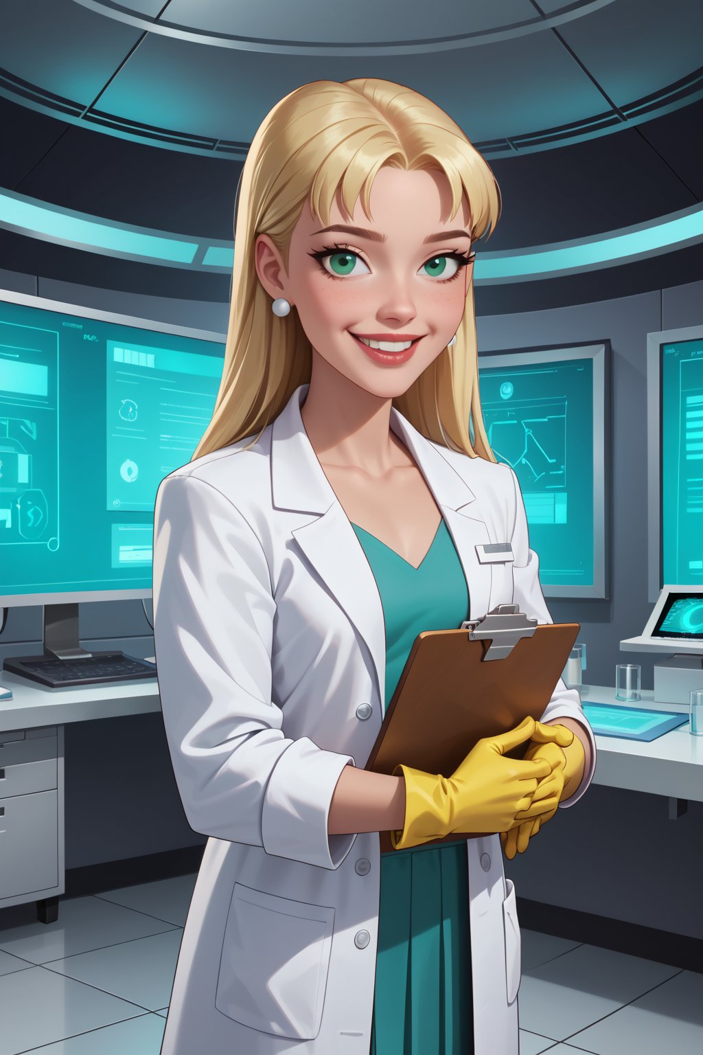 score_9, score_8_up, score_7_up, score_6_up, solo, laboratory assistant, intern, 1girl, green_eyes, clipboard, cropped_legs, holding, holding_clipboard, hugging_clipboard, ((lab_coat)), white_lab_coat, light_blush, lips, smile dimples, college student, 18 years old, young, hime_cut, long_hair, blunt_bangs, blonde_hair, parted_lips, parted_bangs, latex_gloves, sleeves_rolled_up, goofy, gullible, shy, demure, awkward_smile, blushing, cute, looking_at_viewer, light blue shirt, collarbone, earrings, collared_shirt, pleated_skirt, leggings, bright laboratory background, 
cel shading art, hand-drawn graphic novel, beautiful color palette, perfect composition, cinematic, Concept art, good_hands, Expressiveh, perfect hands. comic book illustration, Dc comics style