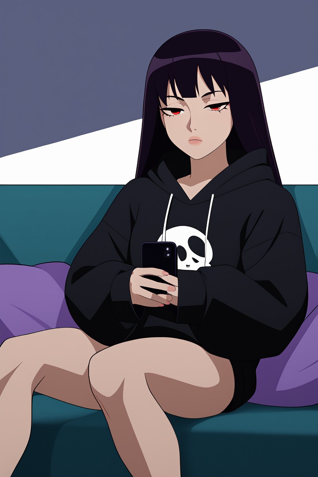 A 4K masterpiece of an anime-style teenager sitting on a couch in a living room background, wearing a black hoodie with oversized sleeves (0.7) and a slice bob hairstyle. Her face is shaded with a subtle 0.4 level, featuring half-closed eyes and a slightly narrowed gaze. She's focused on her mobile phone, her hands resting gently on the device as she displays a bored expression (1.2). The room is dimly lit, with only a hint of ambient lighting to accentuate the subject's striking features. Her perfect face is highlighted by expressive eyes that seem to hold a deep inner life. The beautiful color palette is reminiscent of cel-shaded art, with vibrant hues and subtle texture overlays. The composition is cinematic, with the subject seated in a way that creates a sense of depth and dimensionality. The overall effect is a stunning piece of concept art that feels like a page torn from a graphic novel.