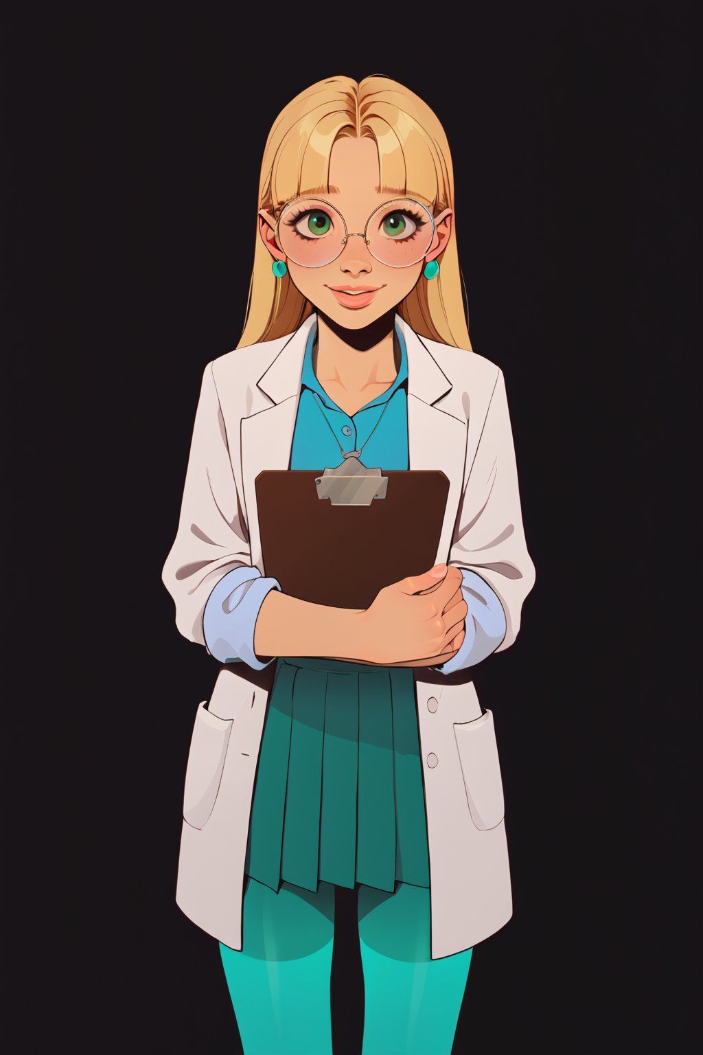 safe_pos, score_9, score_8_up, score_7_up, score_6_up, Expressiveh, very aesthetic, absurdres, highres, solo, laboratory assistant, intern, 1girl, green_eyes, round glasses, clipboard, cropped_legs, holding, holding_clipboard, hugging_clipboard, ((lab_coat)), white_lab_coat, light_blush, lips, smile dimples, college student, 18 years old, young, hime_cut, long_hair, blunt_bangs, blonde_hair, parted_lips, parted_bangs, sleeves_rolled_up, goofy, gullible, shy, demure, awkward_smile, blushing, cute, looking_at_viewer, light blue shirt, collarbone, earrings, collared_shirt, pleated_skirt, leggings, bright laboratory background, cel shading art, hand-drawn graphic novel, beautiful color palette, perfect composition, cinematic, Concept art, good_hands, perfect hands. Pacifica, Blond hair 