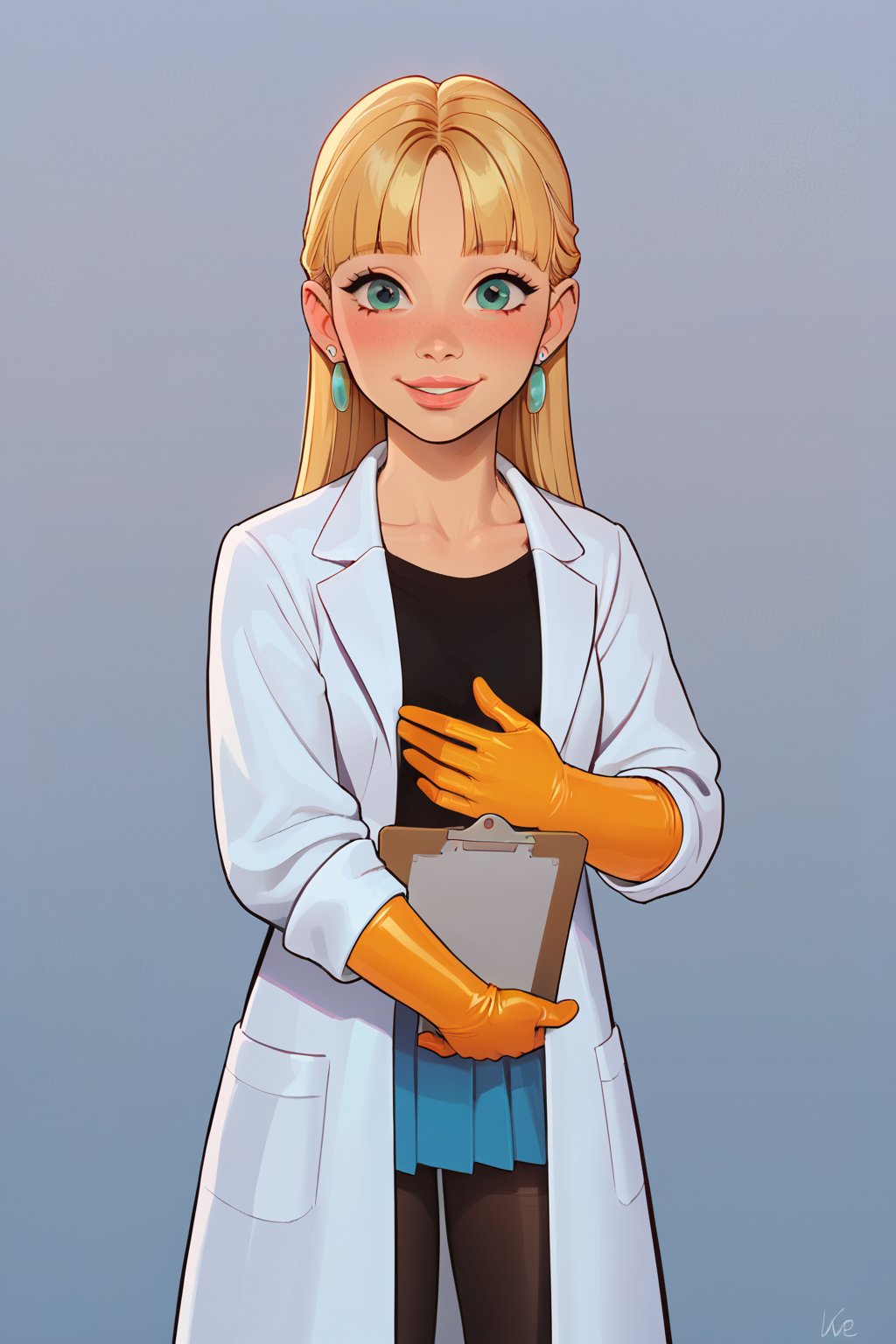 score_9, score_8_up, score_7_up, score_6_up, solo, laboratory assistant, intern, 1girl, green_eyes, clipboard, cropped_legs, holding, holding_clipboard, hugging_clipboard, ((lab_coat)), white_lab_coat, light_blush, lips, smile dimples, college student, 18 years old, young, hime_cut, long_hair, blunt_bangs, blonde_hair, parted_lips, parted_bangs, latex_gloves, sleeves_rolled_up, goofy, gullible, shy, demure, awkward_smile, blushing, cute, looking_at_viewer, light blue shirt, collarbone, earrings, collared_shirt, pleated_skirt, leggings, bright laboratory background, 
cel shading art, hand-drawn graphic novel, beautiful color palette, perfect composition, cinematic, Concept art, good_hands, Expressiveh, perfect hands.