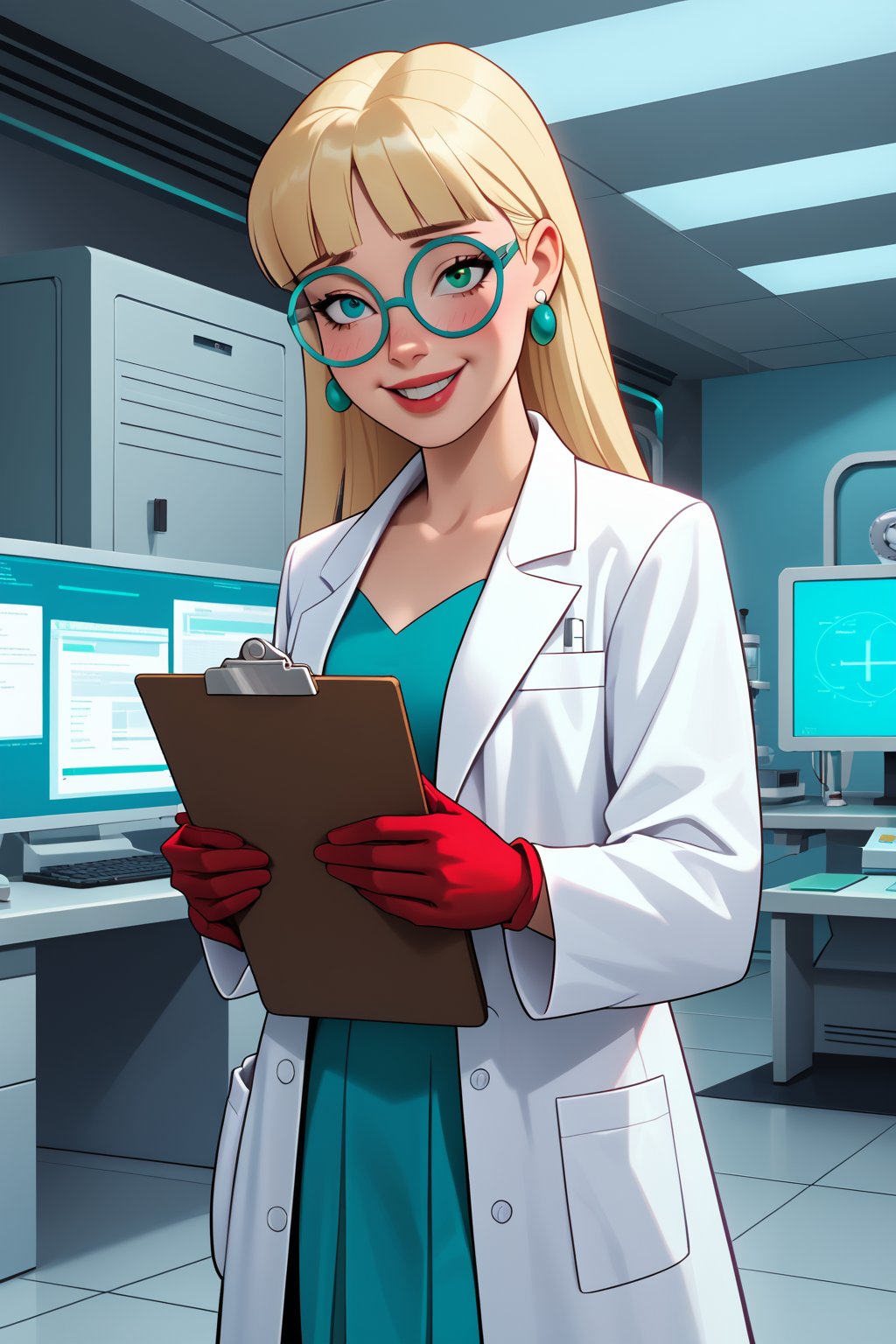 score_9, score_8_up, score_7_up, score_6_up, solo, laboratory assistant, intern, 1girl, green_eyes, clipboard, cropped_legs, holding, holding_clipboard, hugging_clipboard, ((lab_coat)), white_lab_coat, light_blush, lips, smile dimples, college student, 18 years old, young, hime_cut, long_hair, blunt_bangs, blonde_hair, heterochromia (green, blue) large round glasses, parted_lips, parted_bangs, latex_gloves, sleeves_rolled_up, goofy, gullible, shy, demure, awkward_smile, blushing, cute, looking_at_viewer, light blue shirt, collarbone, earrings, collared_shirt, pleated_skirt, leggings, bright laboratory background, 
cel shading art, hand-drawn graphic novel, beautiful color palette, perfect composition, cinematic, Concept art, good_hands, Expressiveh, perfect hands. comic book illustration, Dc comics style, dcaustyle